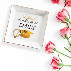 She Believed She Could So She Did, Graduation Cap - Personalized Custom Jewelry Dish, Square Ceramic Dish - GRAD040_SCRD
