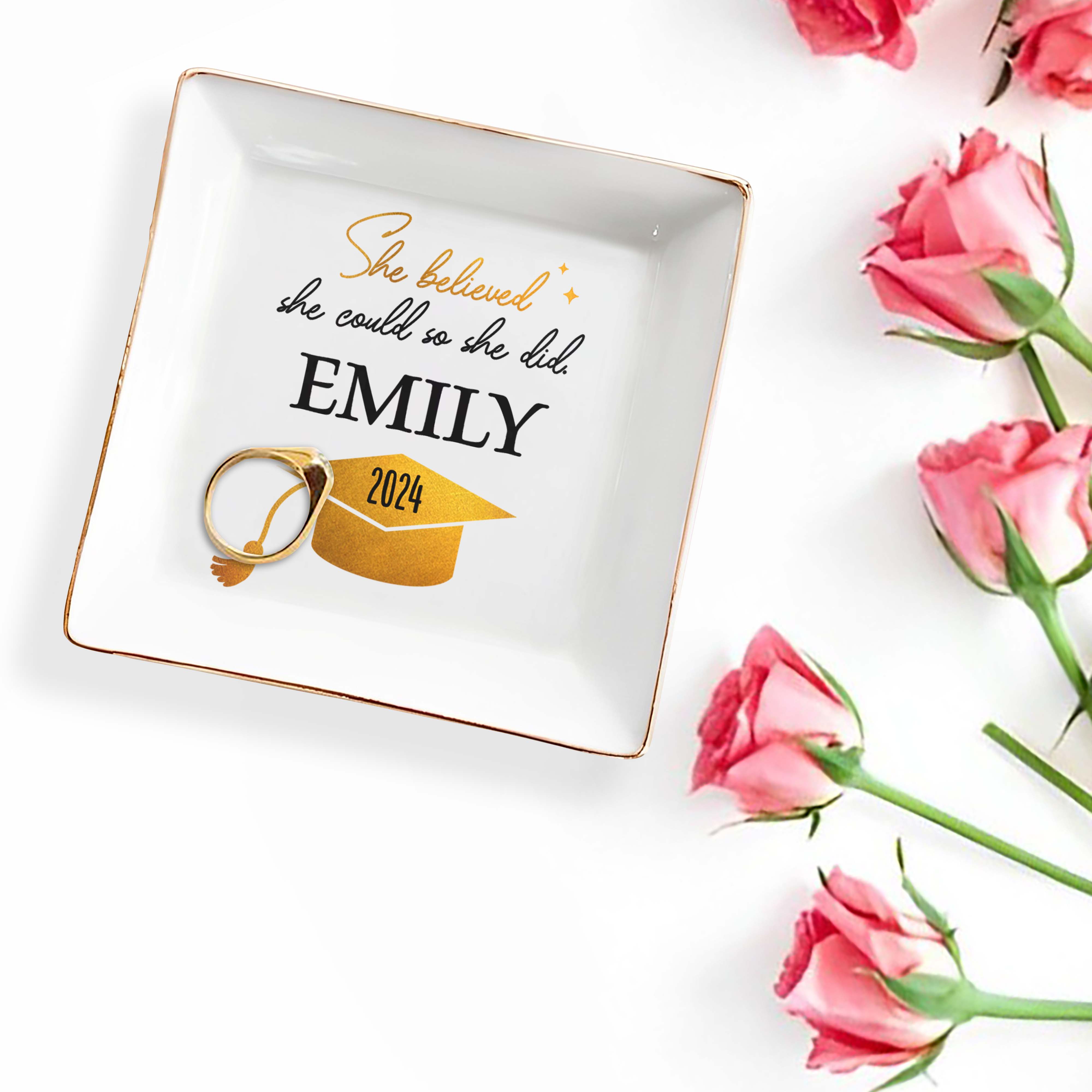 She Believed She Could So She Did, Graduation Cap - Personalized Custom Jewelry Dish, Square Ceramic Dish - GRAD040_SCRD