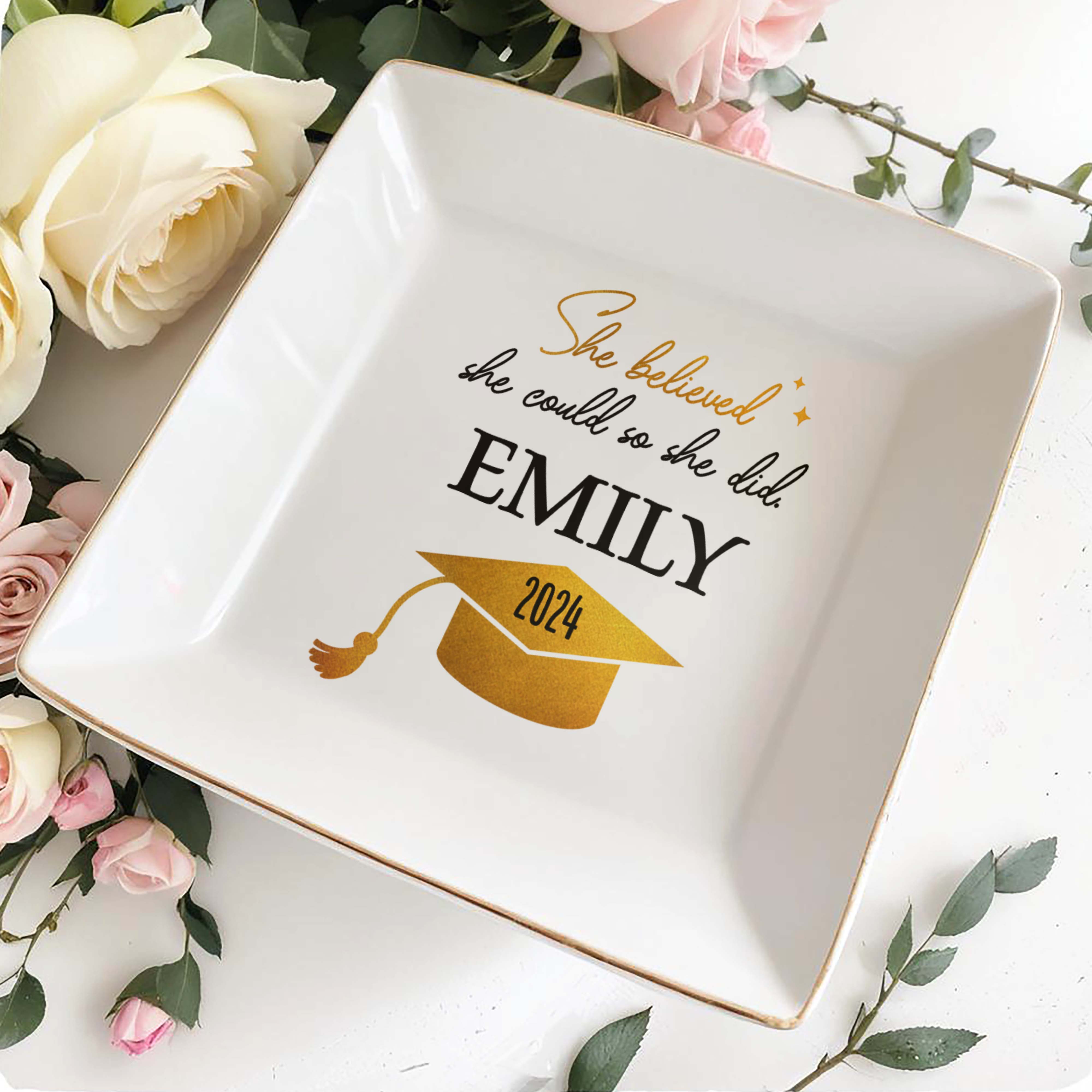 She Believed She Could So She Did, Graduation Cap - Personalized Custom Jewelry Dish, Square Ceramic Dish - GRAD040_SCRD