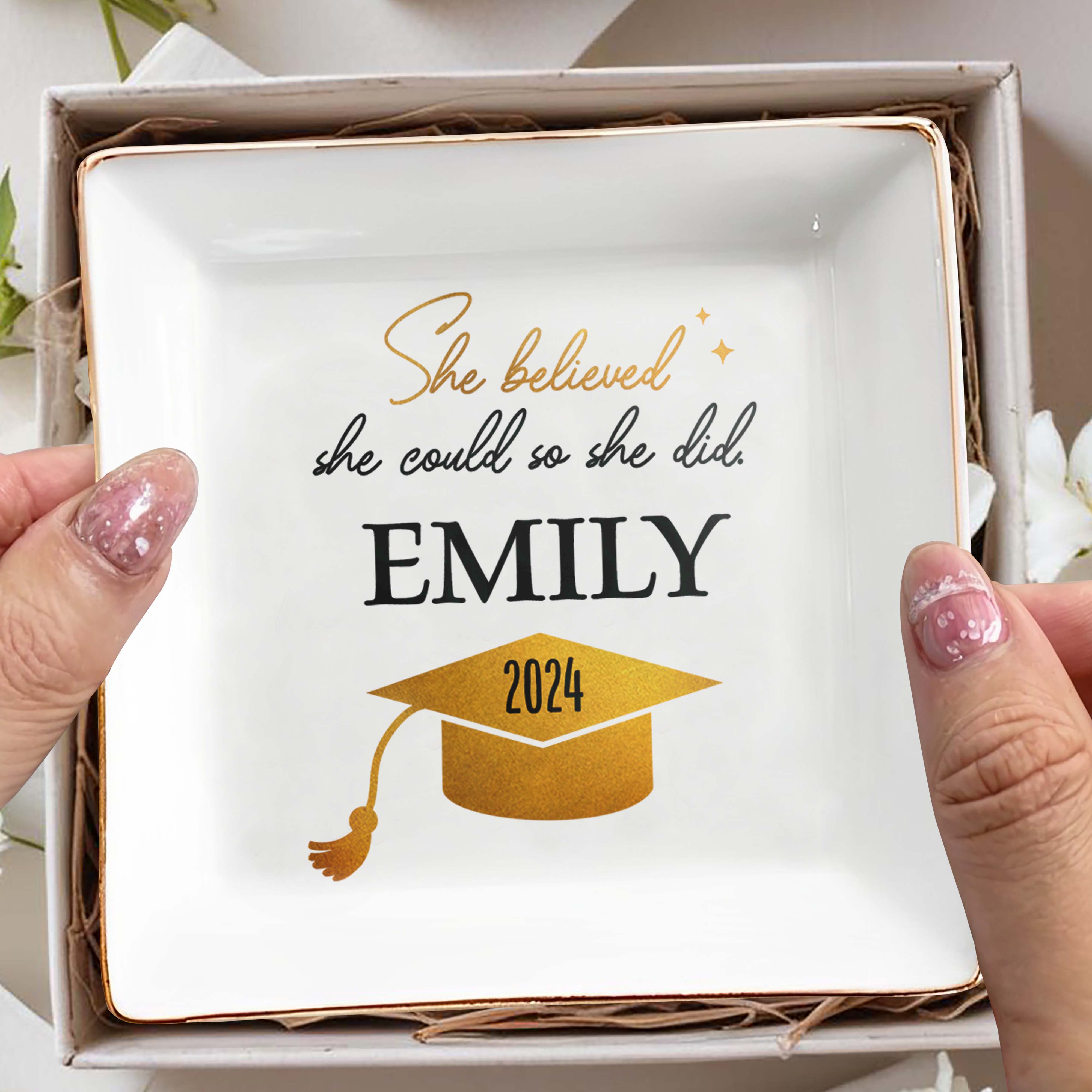She Believed She Could So She Did, Graduation Cap - Personalized Custom Jewelry Dish, Square Ceramic Dish - GRAD040_SCRD