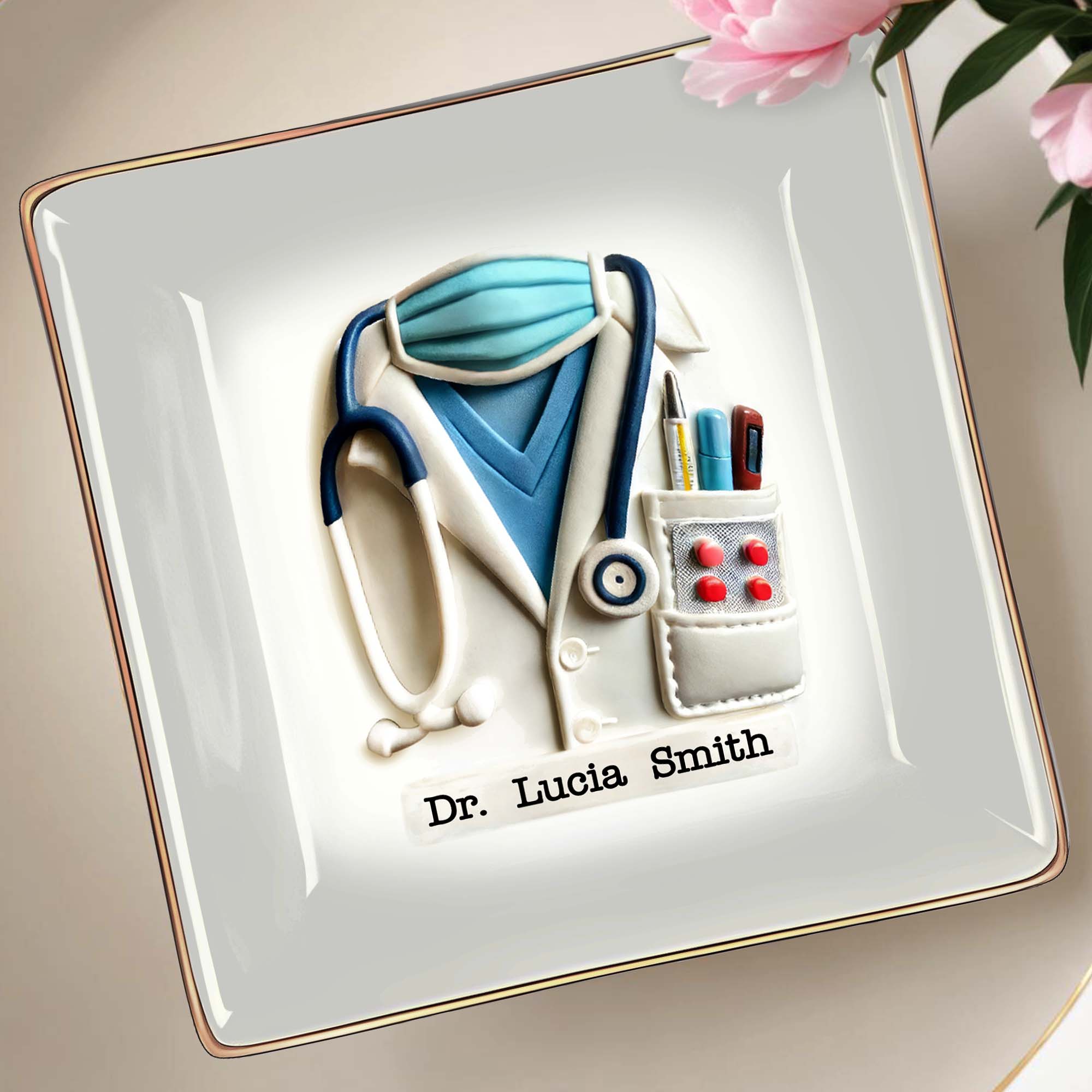 Celebrate A Caring Heart, Stethoscope And Medical Coat - Personalized Custom Jewelry Dish, Ceramic Dish, Square Shape - GRAD040_SCRF