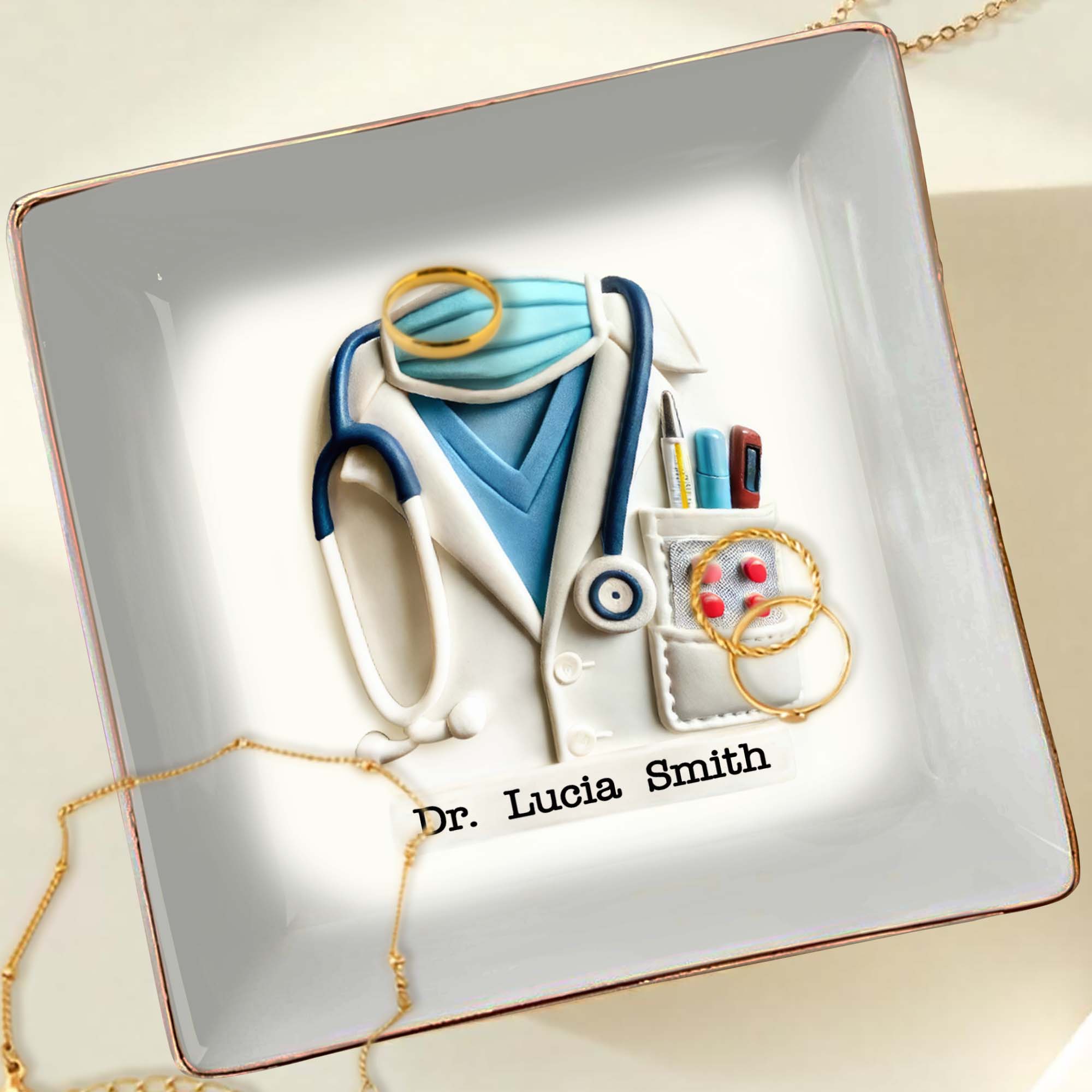 Celebrate A Caring Heart, Stethoscope And Medical Coat - Personalized Custom Jewelry Dish, Ceramic Dish, Square Shape - GRAD040_SCRF