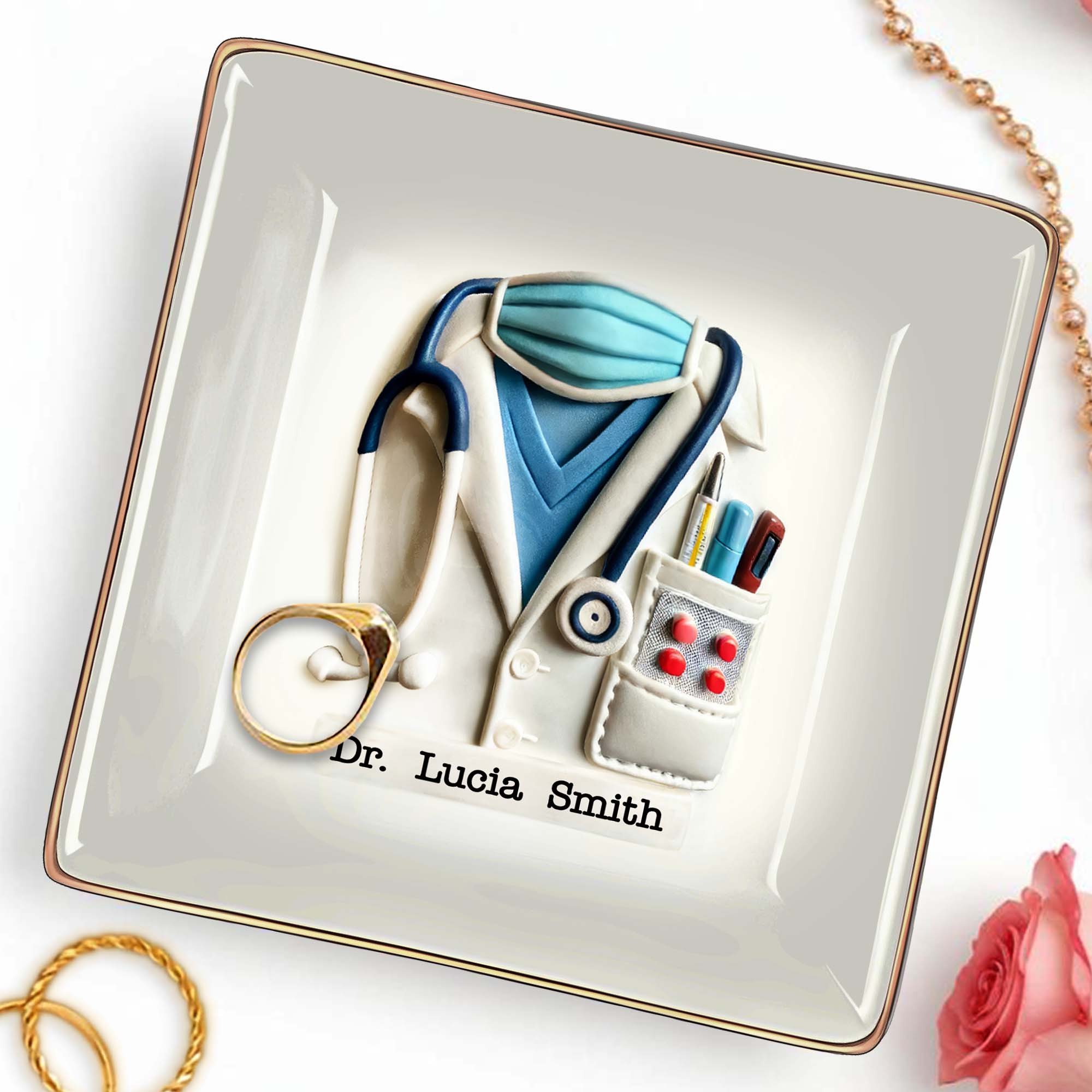 Celebrate A Caring Heart, Stethoscope And Medical Coat - Personalized Custom Jewelry Dish, Ceramic Dish, Square Shape - GRAD040_SCRF