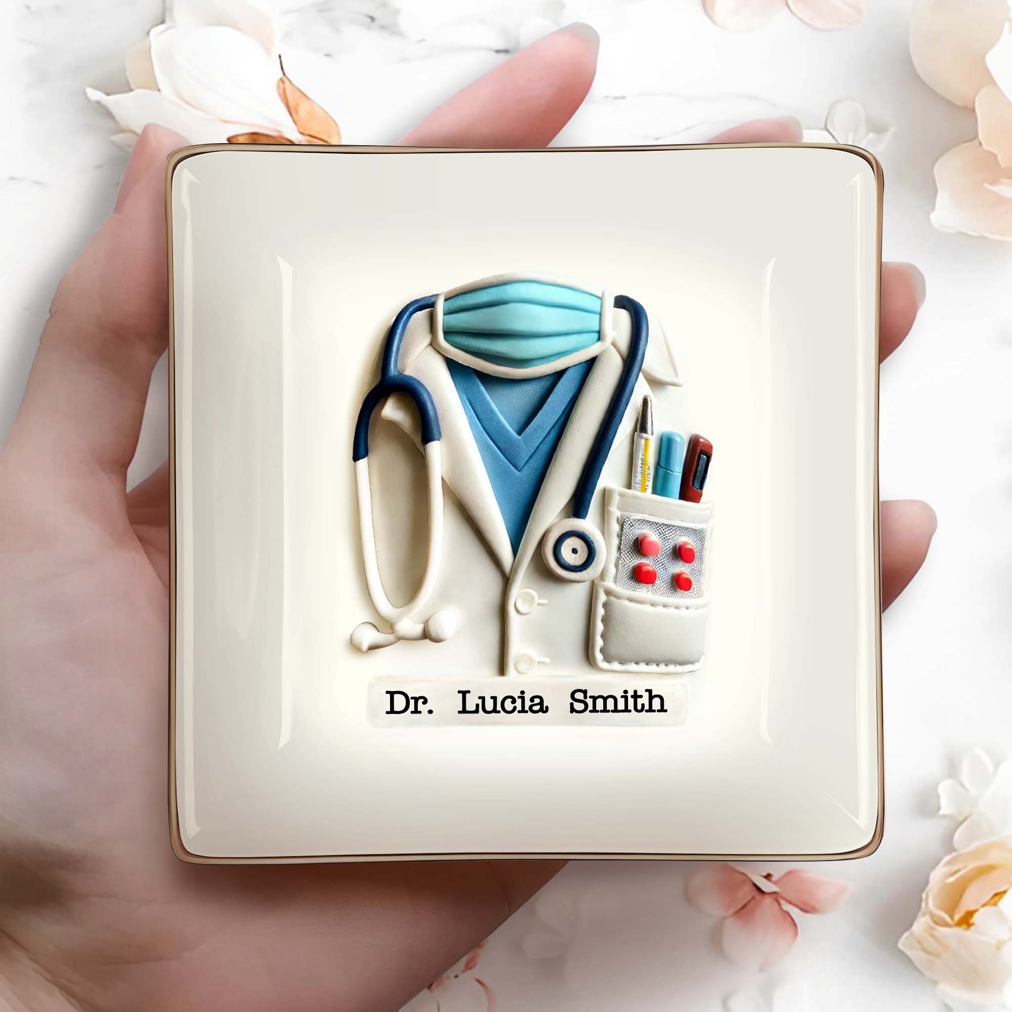 Celebrate A Caring Heart, Stethoscope And Medical Coat - Personalized Custom Jewelry Dish, Ceramic Dish, Square Shape - GRAD040_SCRF