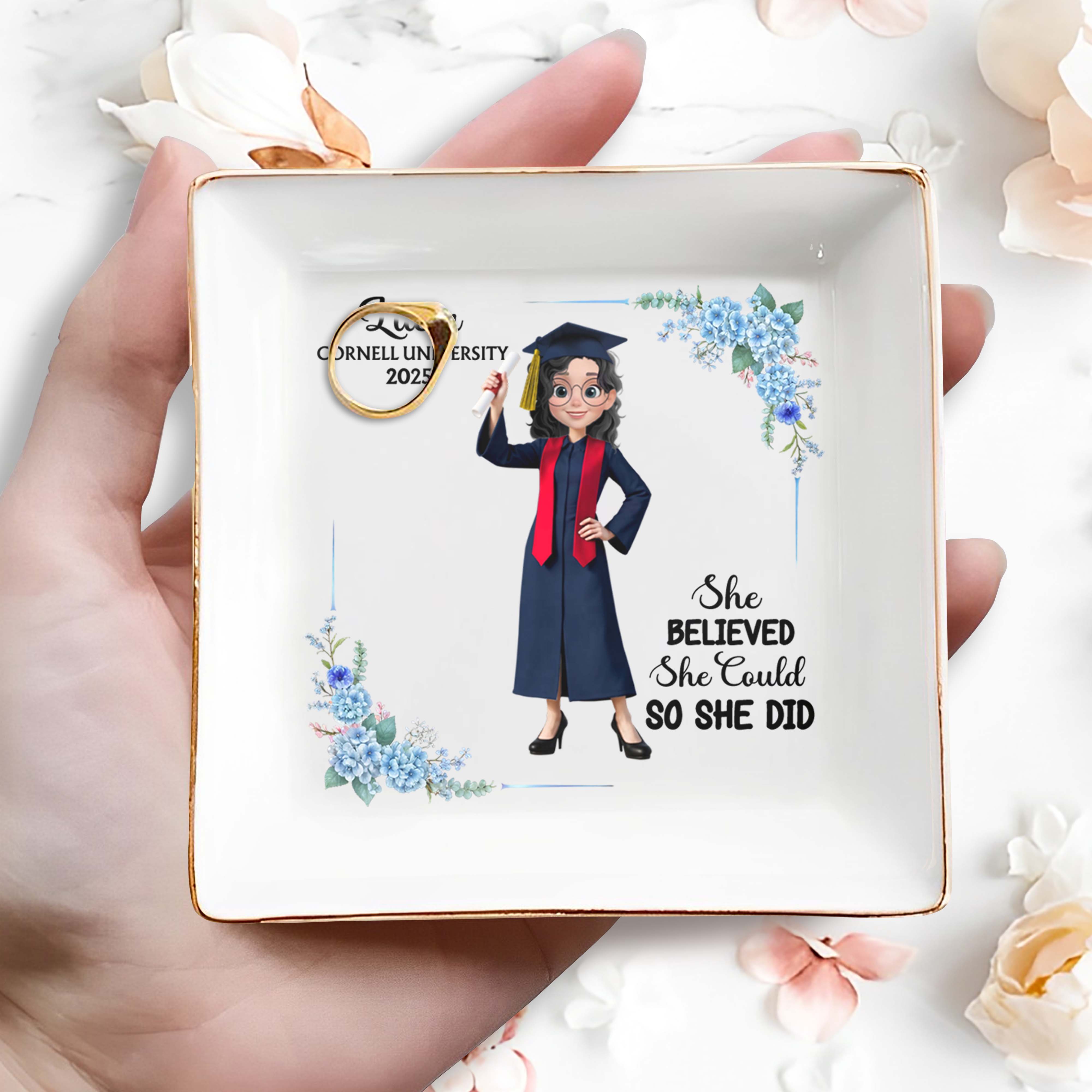 She Believed She Could So She Did, Graduation Cap and Flowers - Personalized Custom Jewelry Dish, Square Ceramic Dish - GRAD041_SCRD
