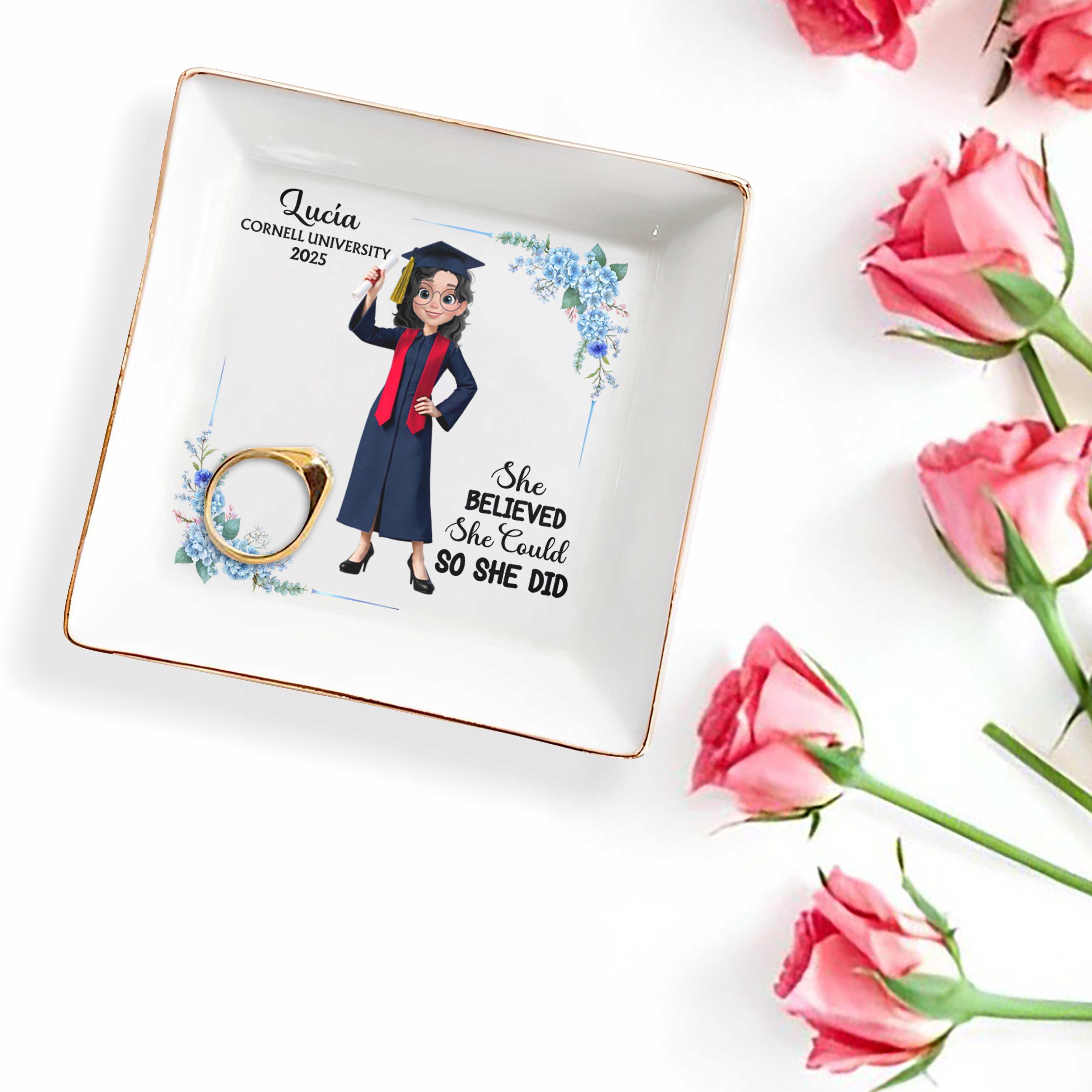 She Believed She Could So She Did, Graduation Cap and Flowers - Personalized Custom Jewelry Dish, Square Ceramic Dish - GRAD041_SCRD