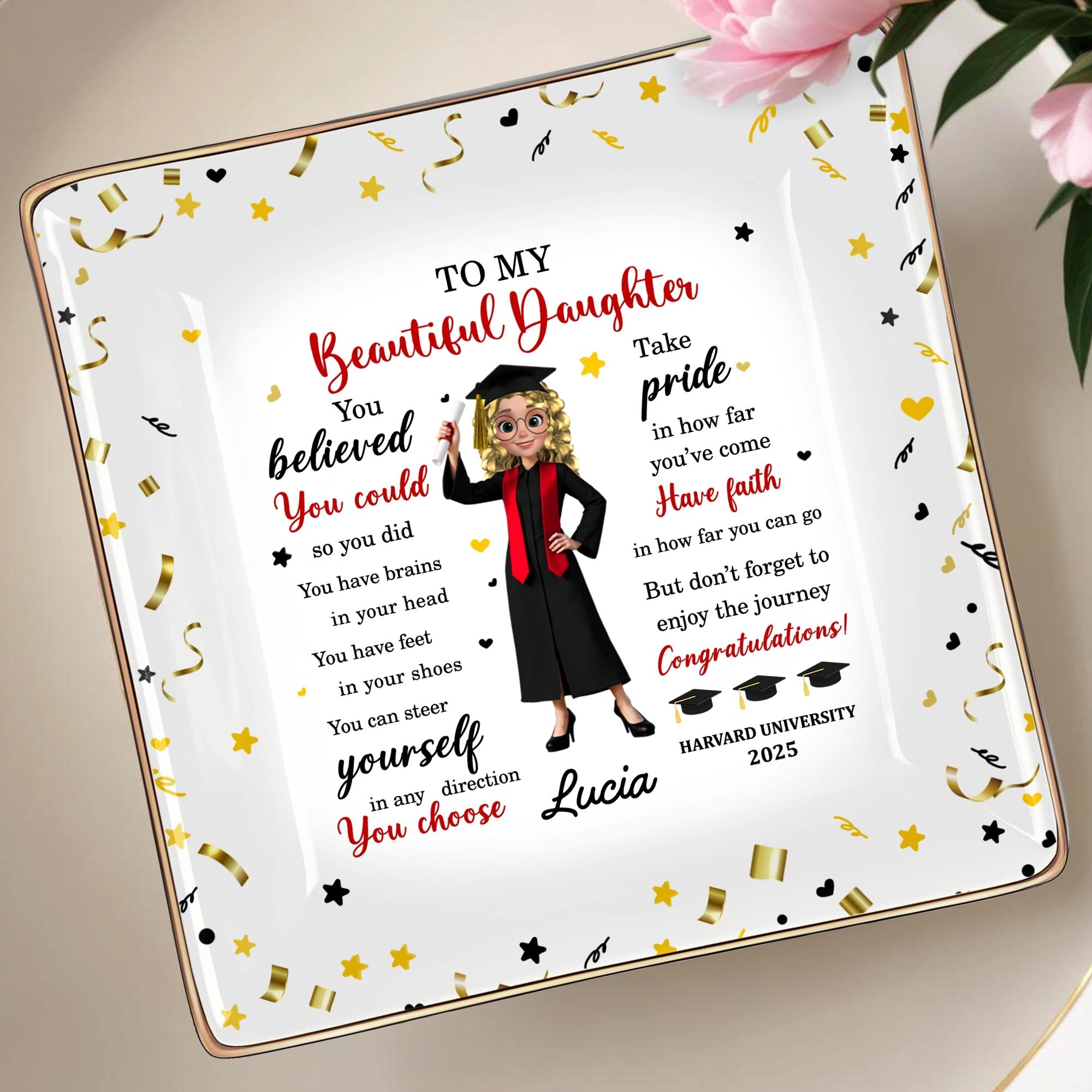 You Believed You Could So You Did, Graduation Cap And Diploma - Personalized Custom Jewelry Dish, Ceramic Dish, Square Shape - GRAD044_SCRF