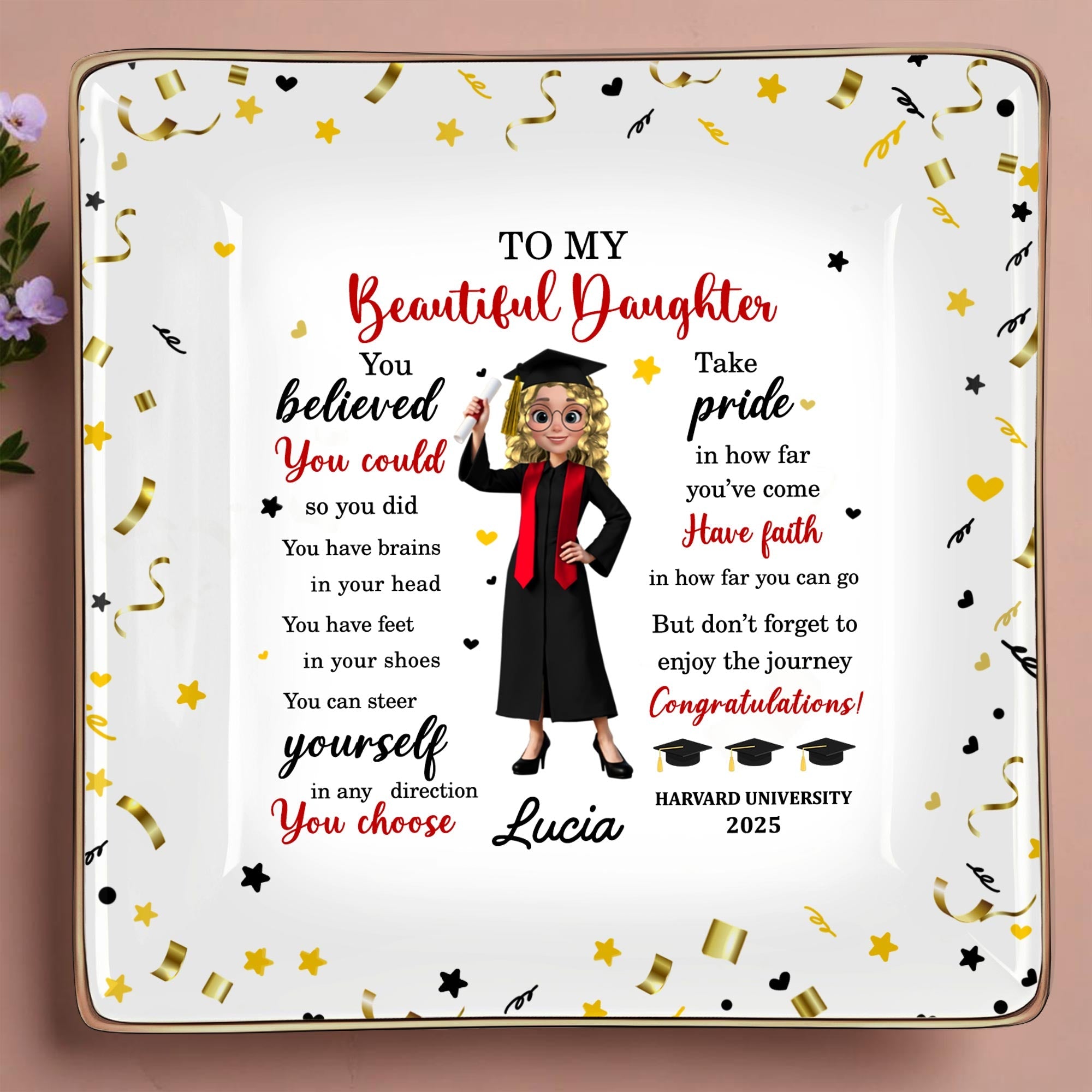 You Believed You Could So You Did, Graduation Cap And Diploma - Personalized Custom Jewelry Dish, Ceramic Dish, Square Shape - GRAD044_SCRF
