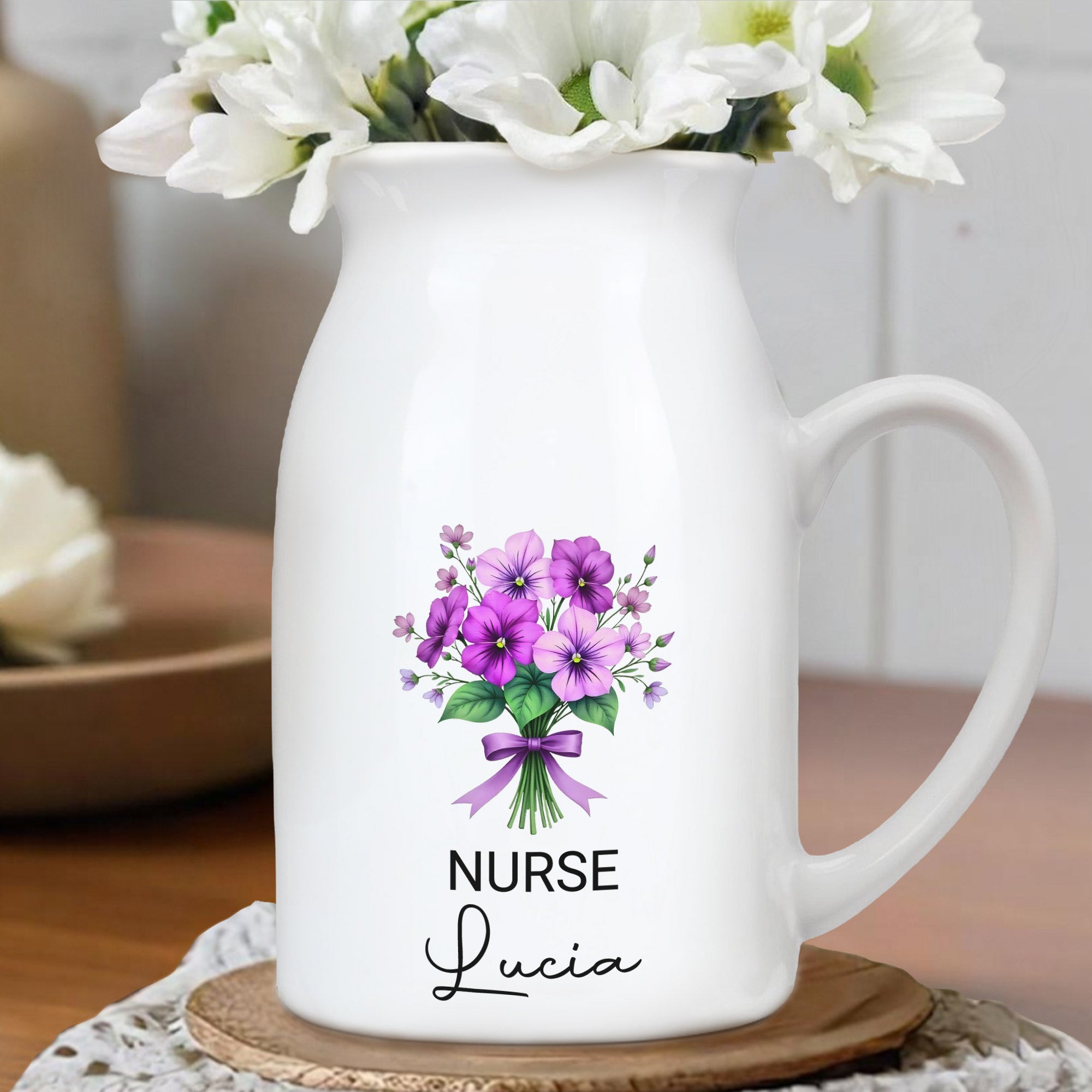 Customized Vase With Beautiful Floral Arrangement, Flowers and Bow - Personalized Ceramic Flower Vase