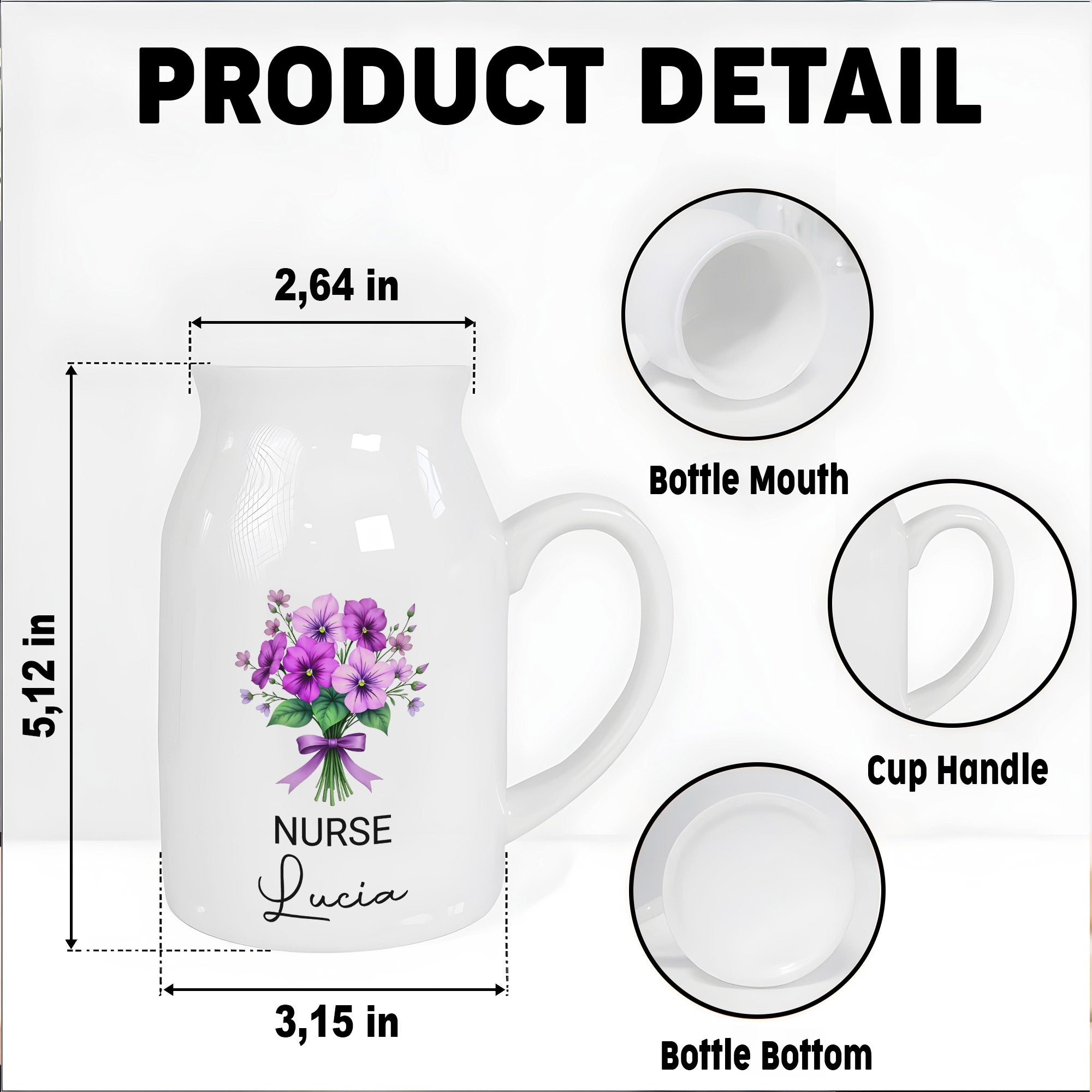 Customized Vase With Beautiful Floral Arrangement, Flowers and Bow - Personalized Ceramic Flower Vase