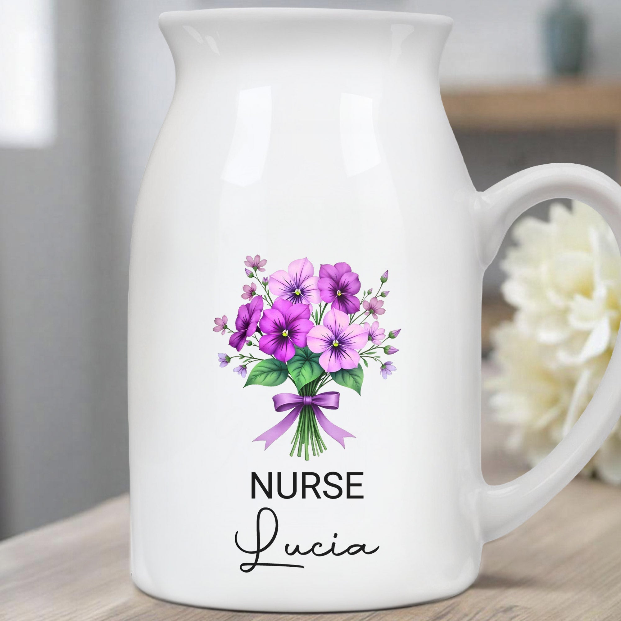 Customized Vase With Beautiful Floral Arrangement, Flowers and Bow - Personalized Ceramic Flower Vase