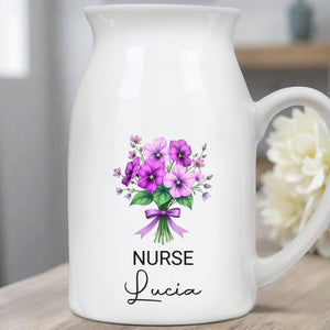 Customized Vase With Beautiful Floral Arrangement, Flowers and Bow - Personalized Ceramic Flower Vase