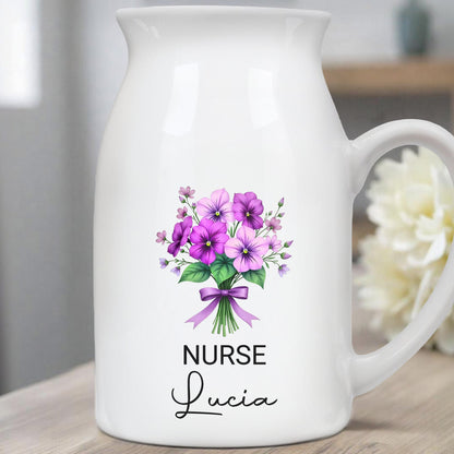Customized Vase With Beautiful Floral Arrangement, Flowers and Bow - Personalized Ceramic Flower Vase