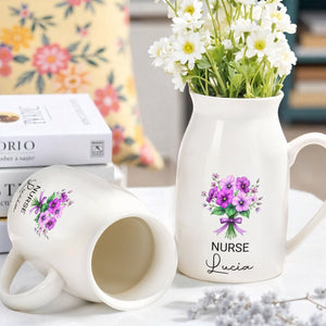 Customized Vase With Beautiful Floral Arrangement, Flowers and Bow - Personalized Ceramic Flower Vase