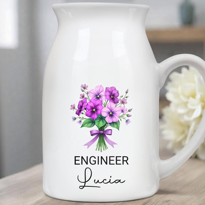 Customized Vase With Beautiful Floral Arrangement, Flowers and Bow - Personalized Ceramic Flower Vase