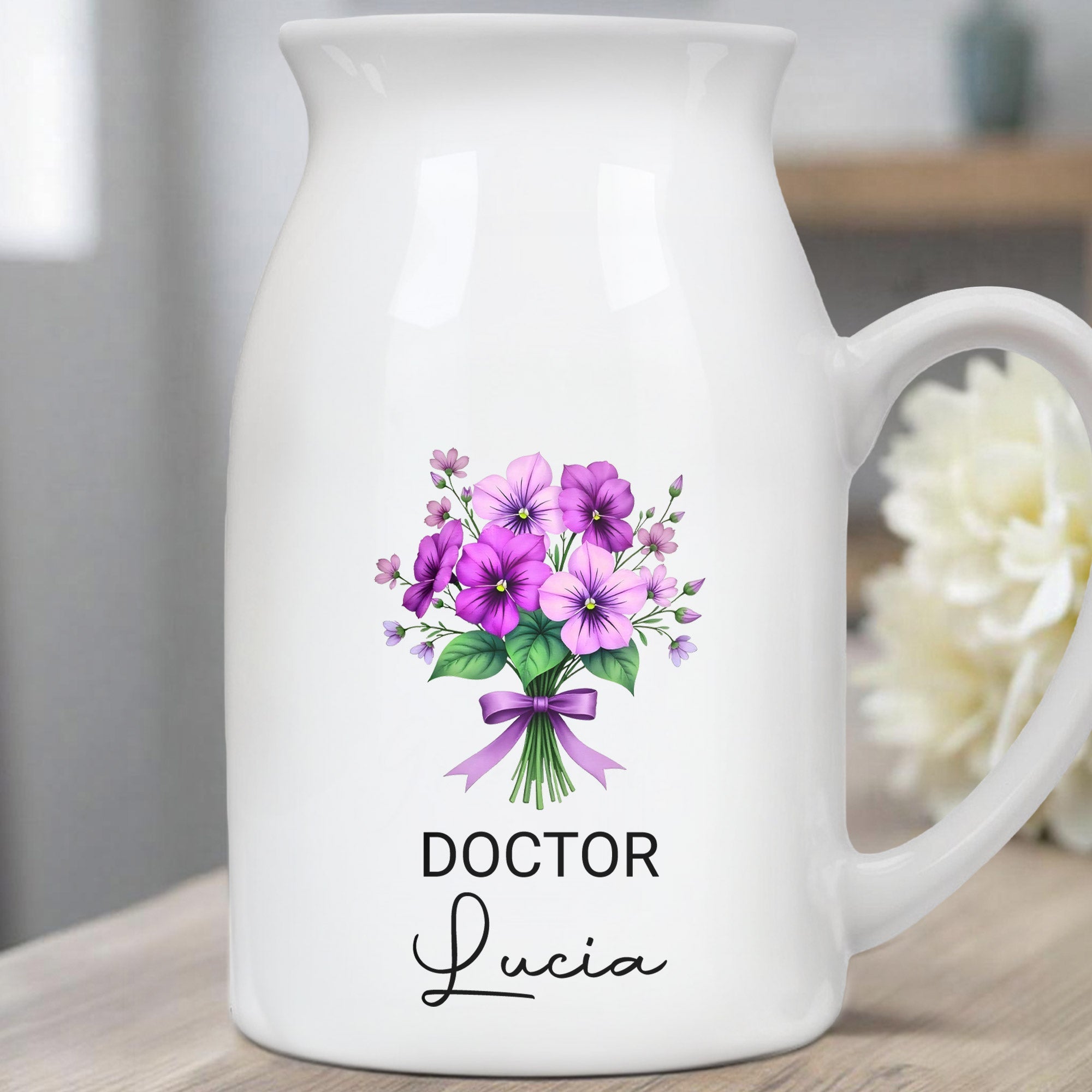 Customized Vase With Beautiful Floral Arrangement, Flowers and Bow - Personalized Ceramic Flower Vase