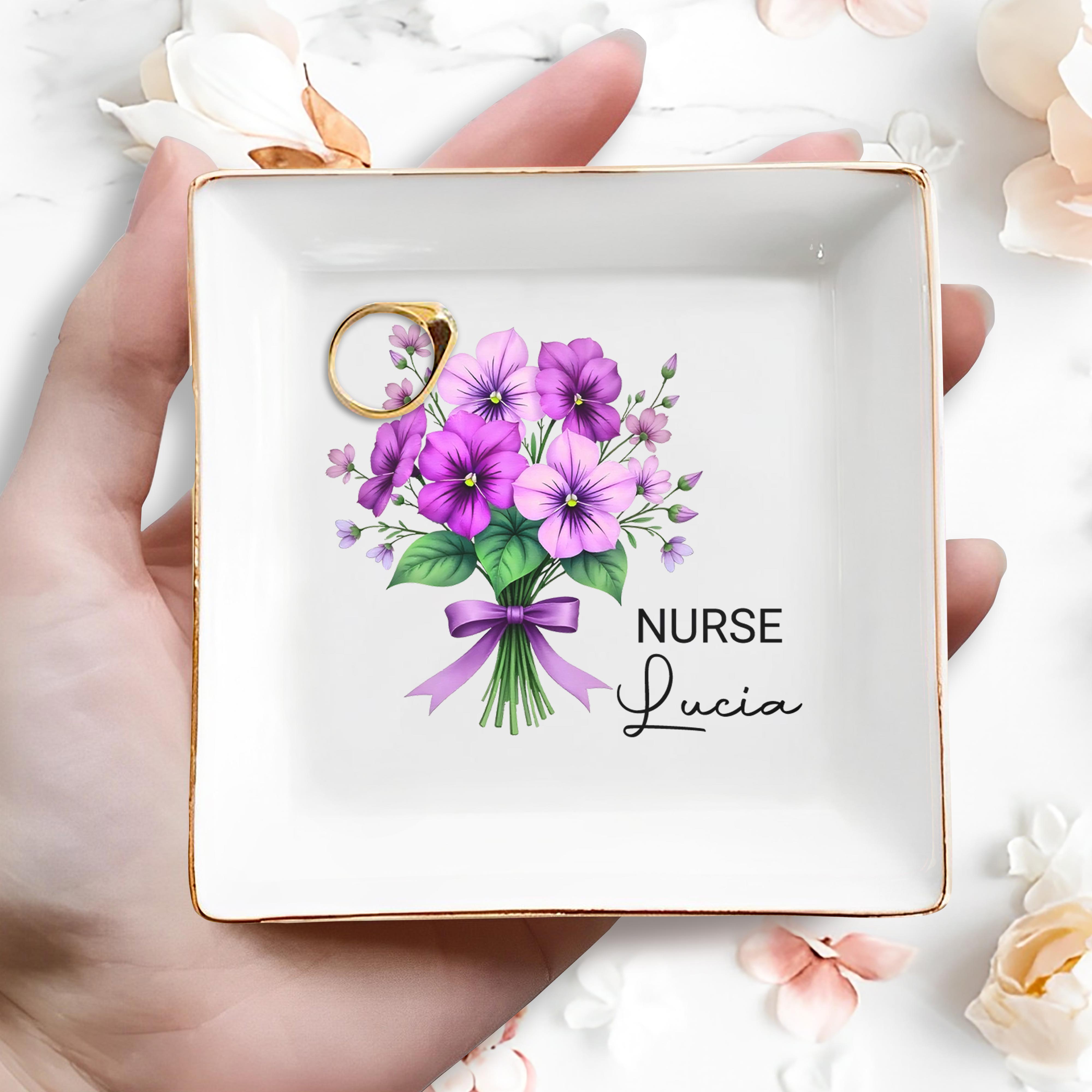 Celebrate Your Caring Spirit With This Floral Job-Inspired Design, Flowers And Ribbon - Personalized Custom Jewelry Dish, Square Ceramic Dish - GRAD273_SCRD