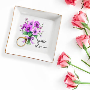 Celebrate Your Caring Spirit With This Floral Job-Inspired Design, Flowers And Ribbon - Personalized Custom Jewelry Dish, Square Ceramic Dish - GRAD273_SCRD