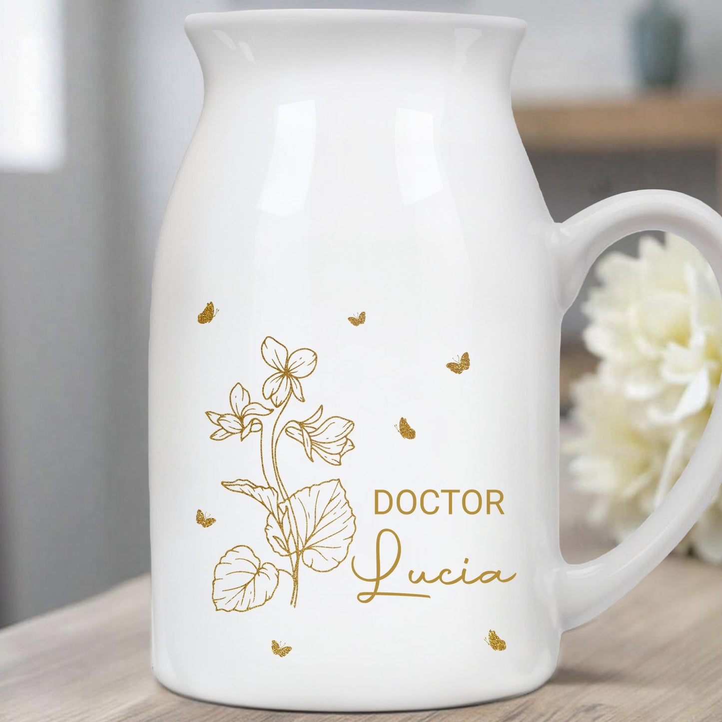 Celebrate Your Job and Name, Birth Flower and Butterflies - Personalized Ceramic Flower Vase