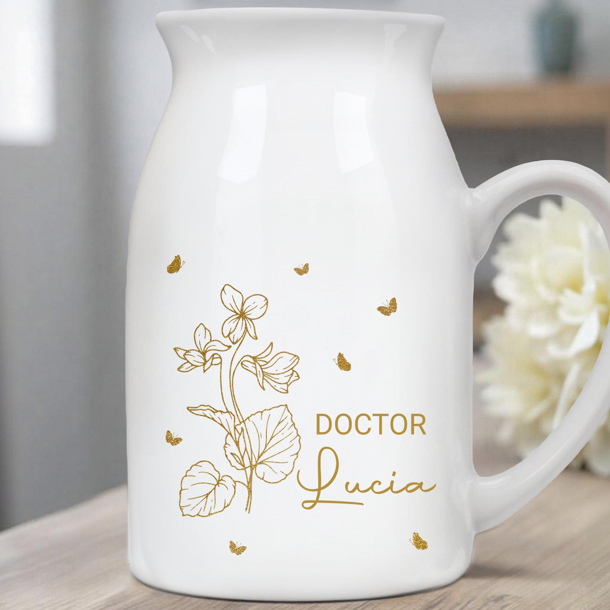 Celebrate Your Job and Name, Birth Flower and Butterflies - Personalized Ceramic Flower Vase