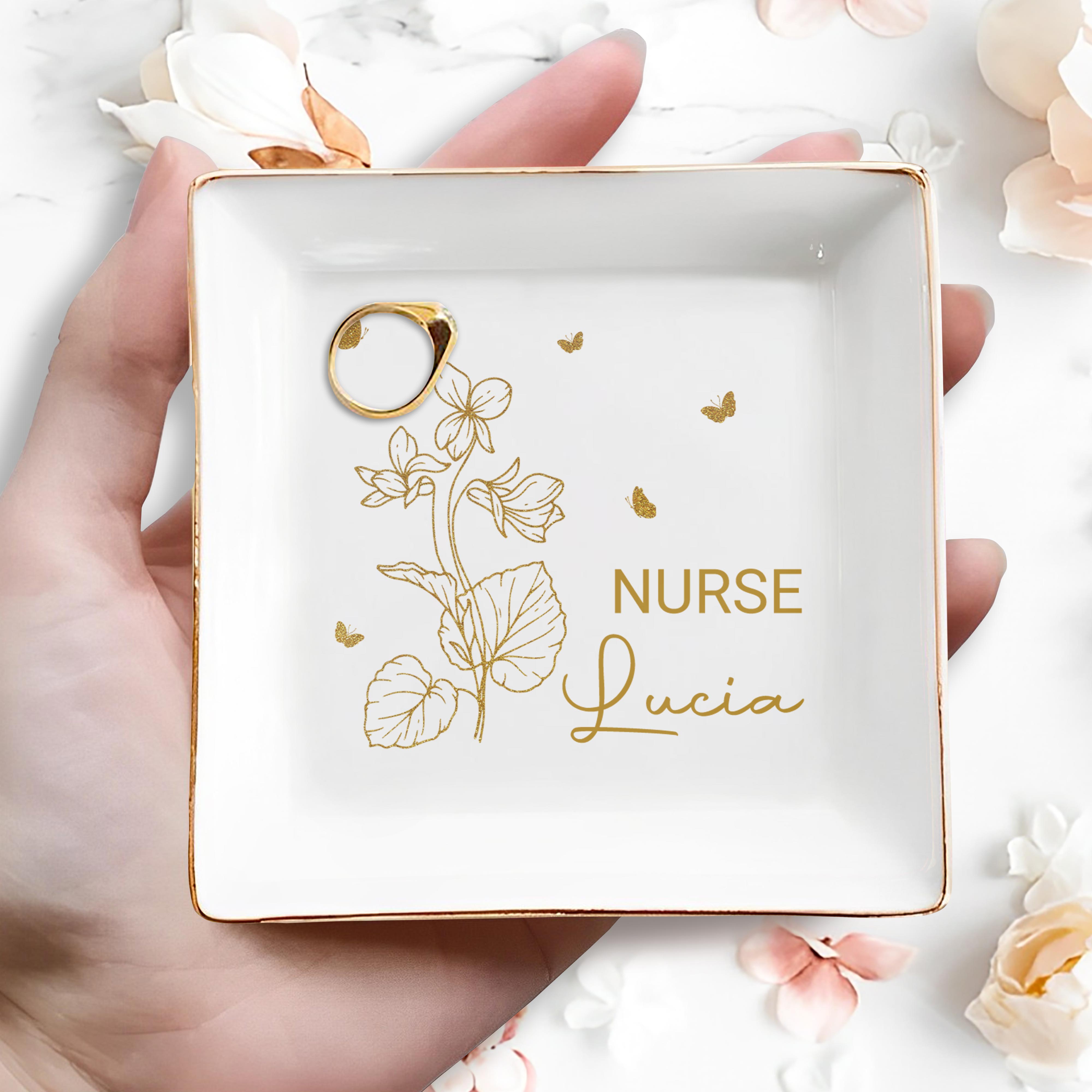 Your Job and Name, Flowers and Butterflies - Personalized Custom Jewelry Dish, Square Ceramic Dish - GRAD274_SCRD