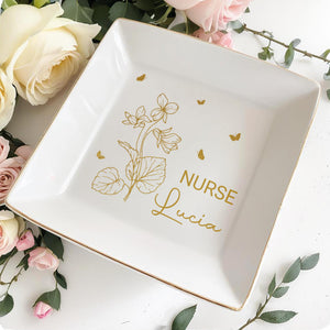 Your Job and Name, Flowers and Butterflies - Personalized Custom Jewelry Dish, Square Ceramic Dish - GRAD274_SCRD