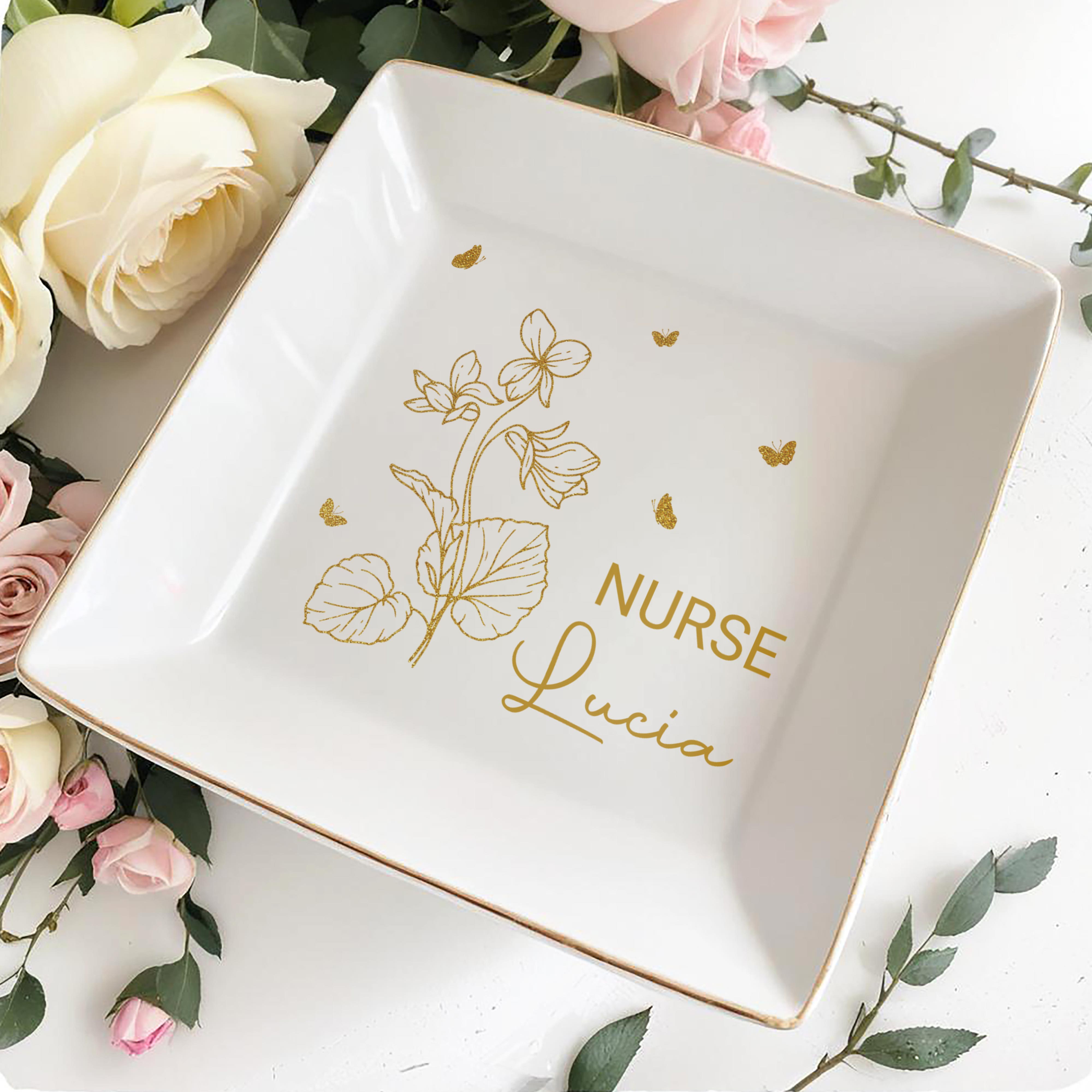 Your Job and Name, Flowers and Butterflies - Personalized Custom Jewelry Dish, Square Ceramic Dish - GRAD274_SCRD