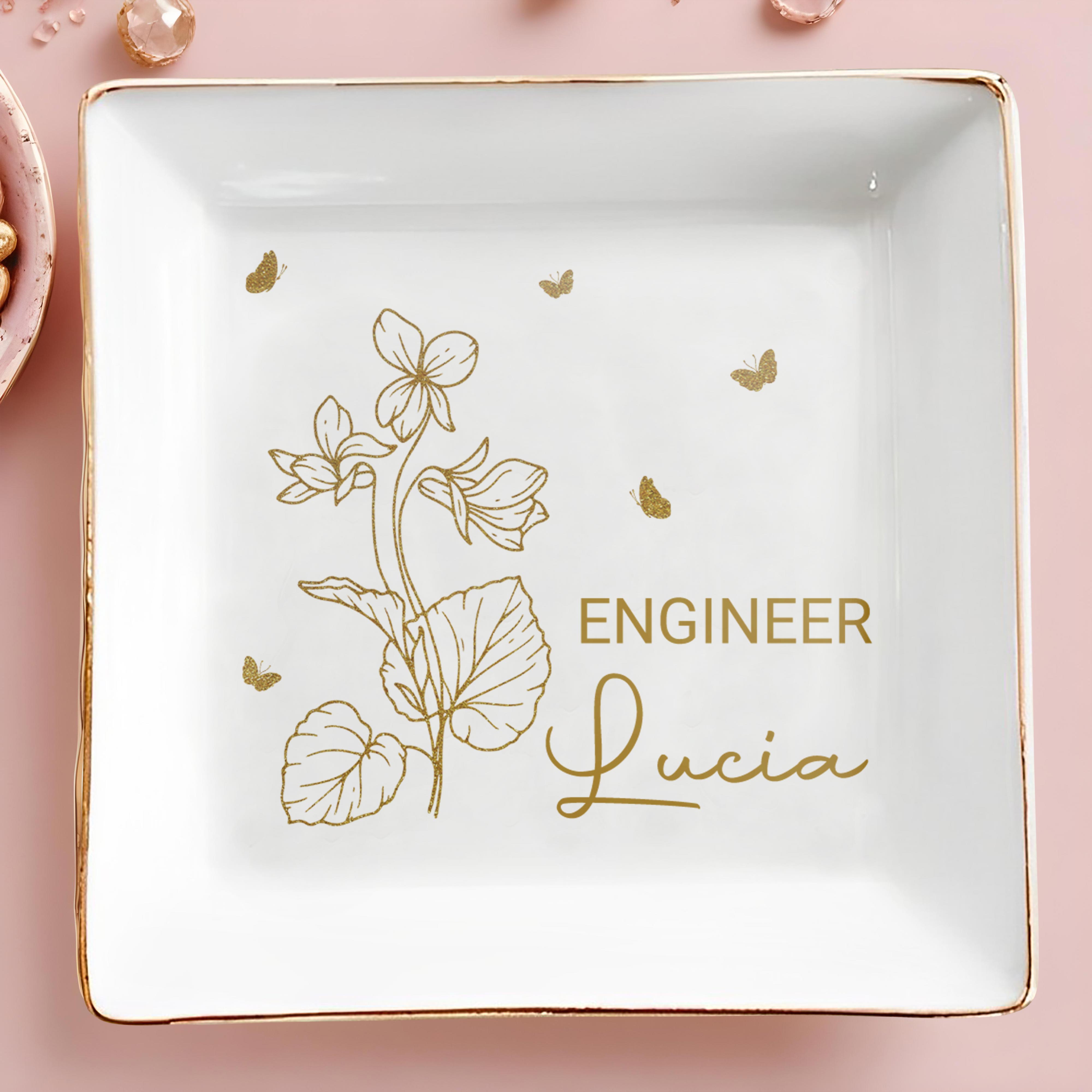 Your Job and Name, Flowers and Butterflies - Personalized Custom Jewelry Dish, Square Ceramic Dish - GRAD274_SCRD