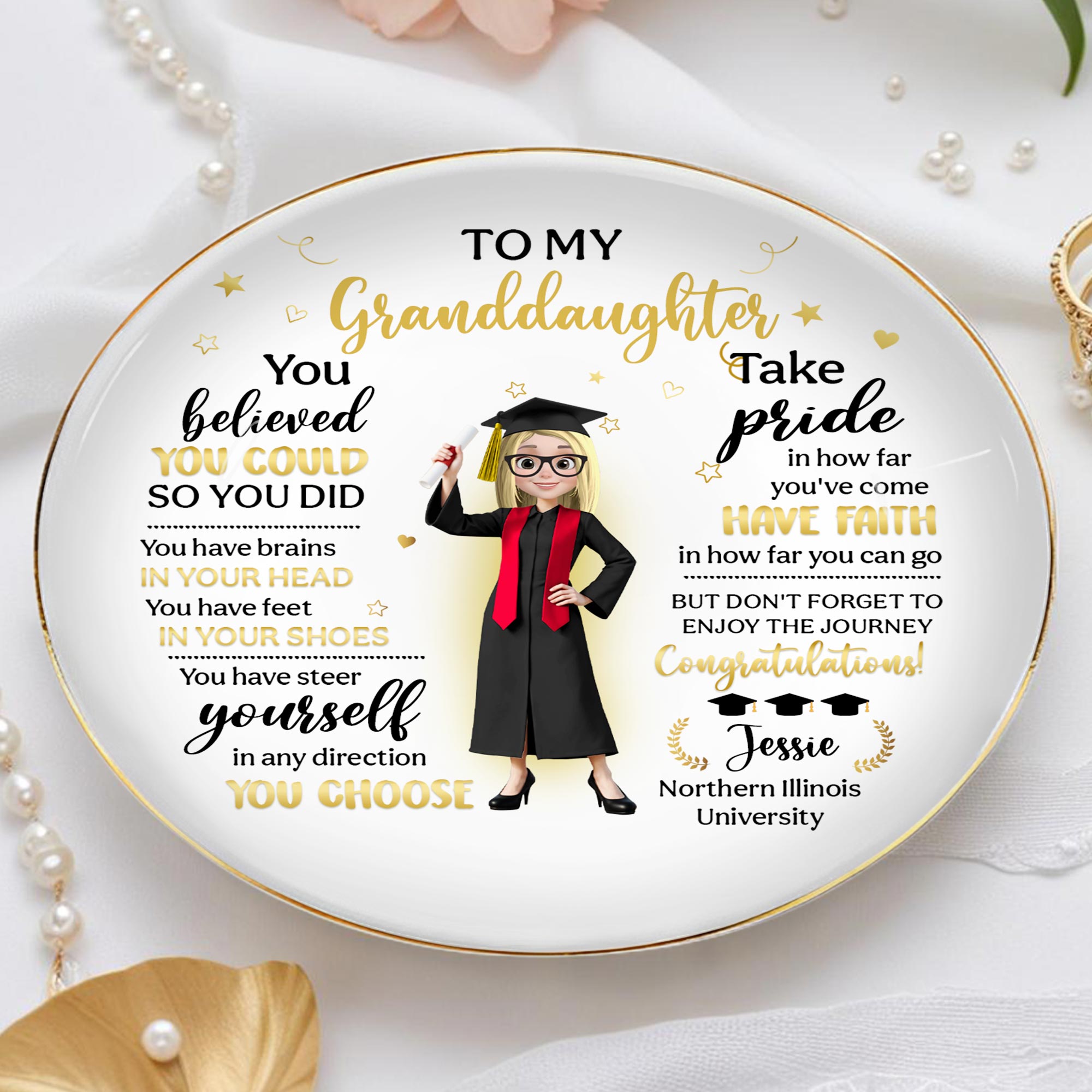 To My Granddaughter, You Believed You Could So You Did, Graduation Attire And Stars - Personalized Custom Jewelry Dish, Ceramic Dish, Round Shape - GRAD275_RCRF