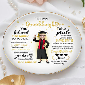 To My Granddaughter, You Believed You Could So You Did, Graduation Attire And Stars - Personalized Custom Jewelry Dish, Ceramic Dish, Round Shape - GRAD275_RCRF