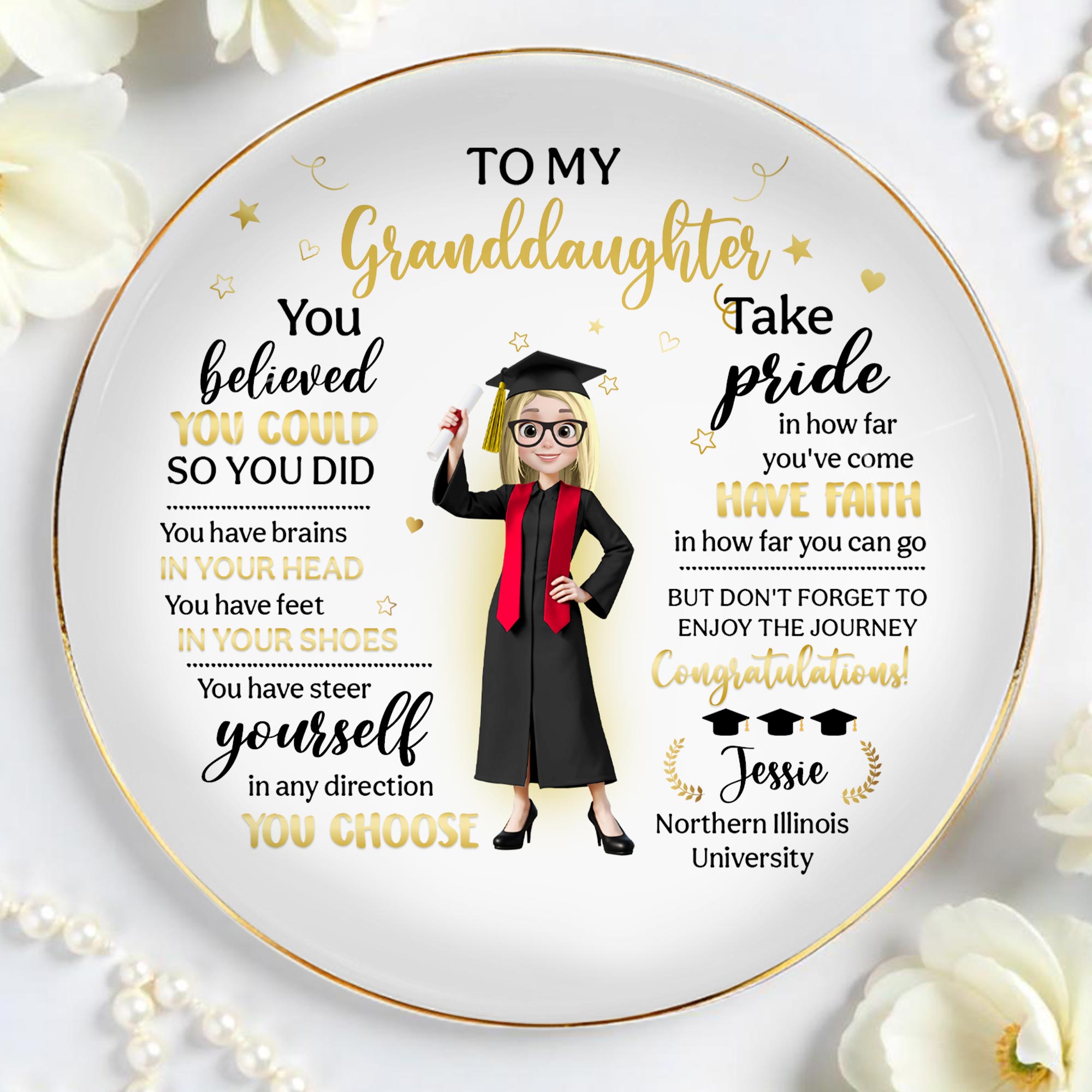 To My Granddaughter, You Believed You Could So You Did, Graduation Attire And Stars - Personalized Custom Jewelry Dish, Ceramic Dish, Round Shape - GRAD275_RCRF