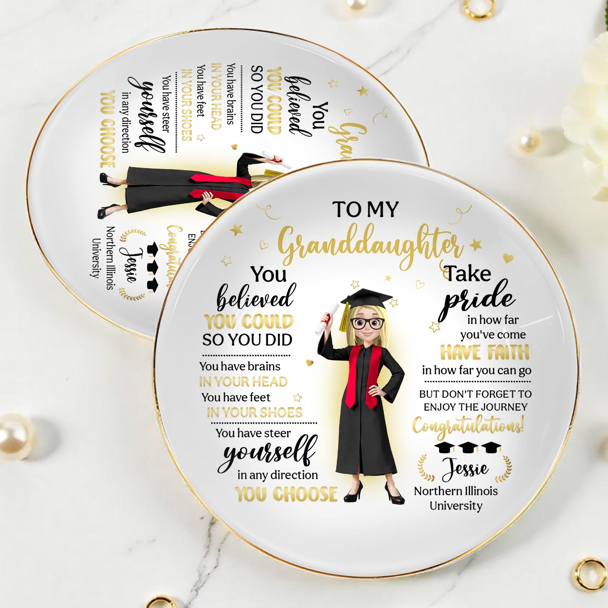 To My Granddaughter, You Believed You Could So You Did, Graduation Attire And Stars - Personalized Custom Jewelry Dish, Ceramic Dish, Round Shape - GRAD275_RCRF