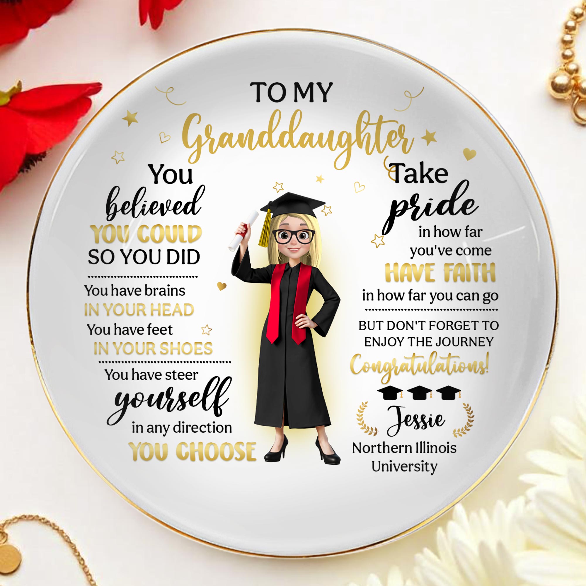 To My Granddaughter, You Believed You Could So You Did, Graduation Attire And Stars - Personalized Custom Jewelry Dish, Ceramic Dish, Round Shape - GRAD275_RCRF
