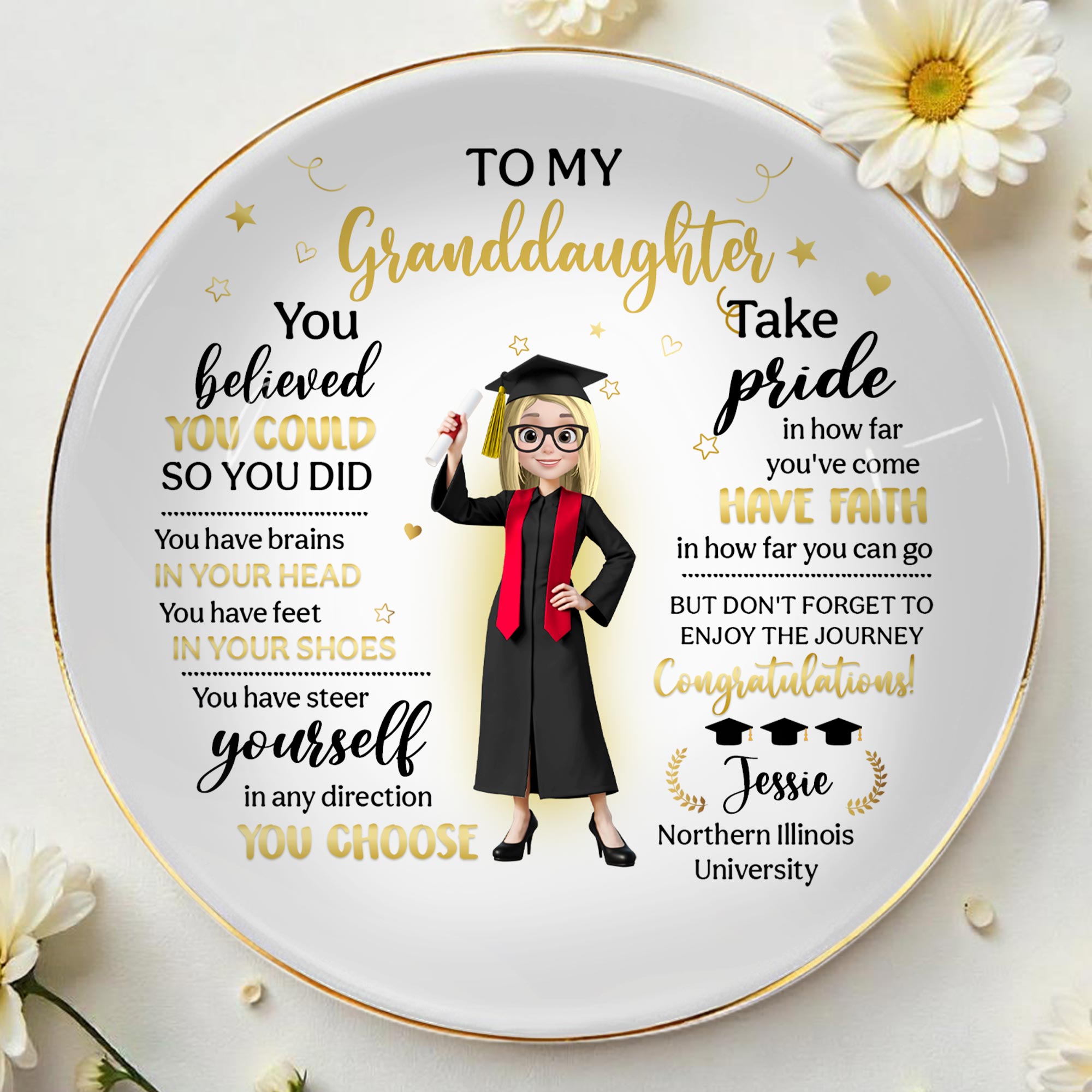 To My Granddaughter, You Believed You Could So You Did, Graduation Attire And Stars - Personalized Custom Jewelry Dish, Ceramic Dish, Round Shape - GRAD275_RCRF