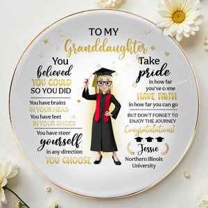 To My Granddaughter, You Believed You Could So You Did, Graduation Attire And Stars - Personalized Custom Jewelry Dish, Ceramic Dish, Round Shape - GRAD275_RCRF