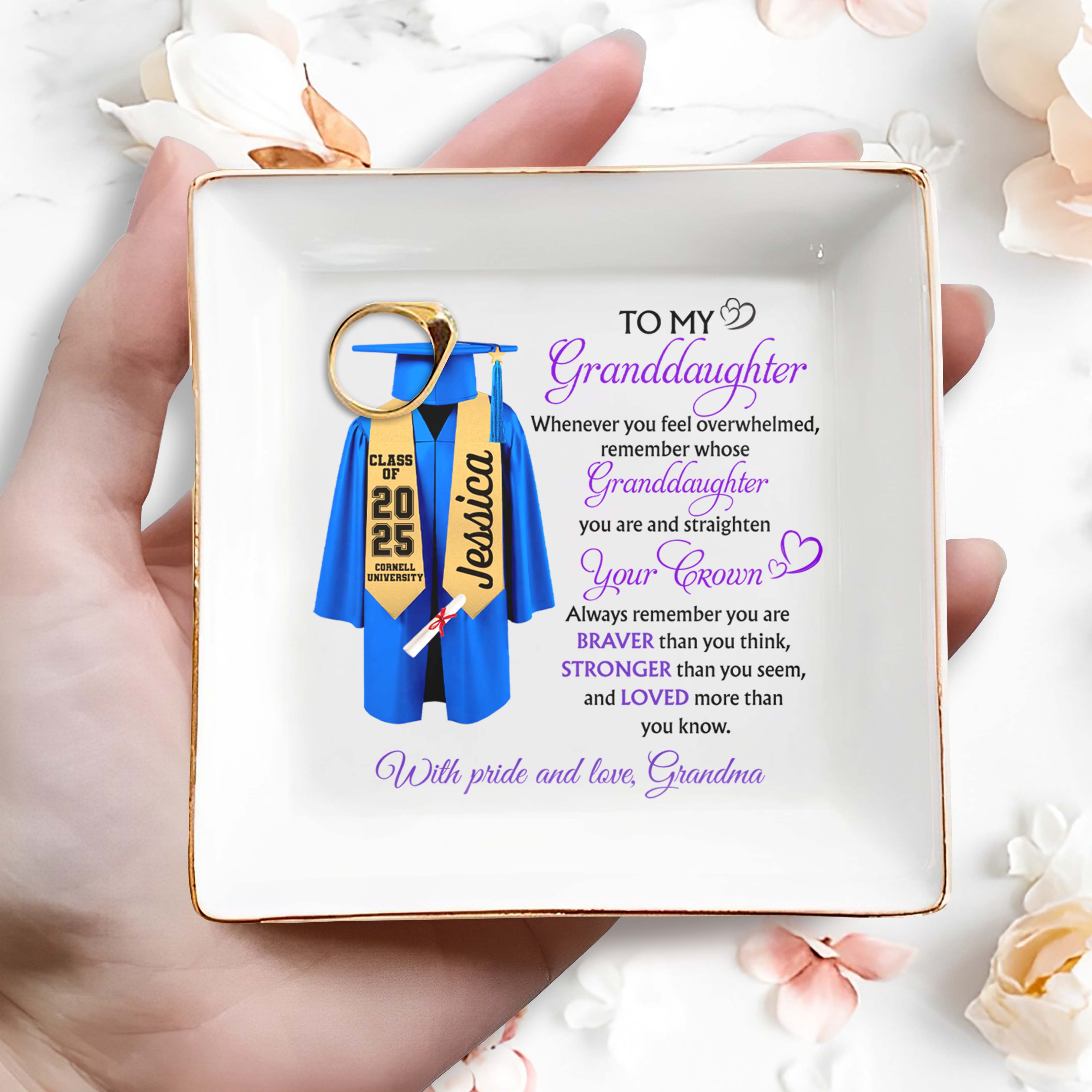 To My Granddaughter, Whenever You Feel Overwhelmed, Graduation Robe And Diploma - Personalized Custom Jewelry Dish, Square Ceramic Dish - GRAD317_SCRD