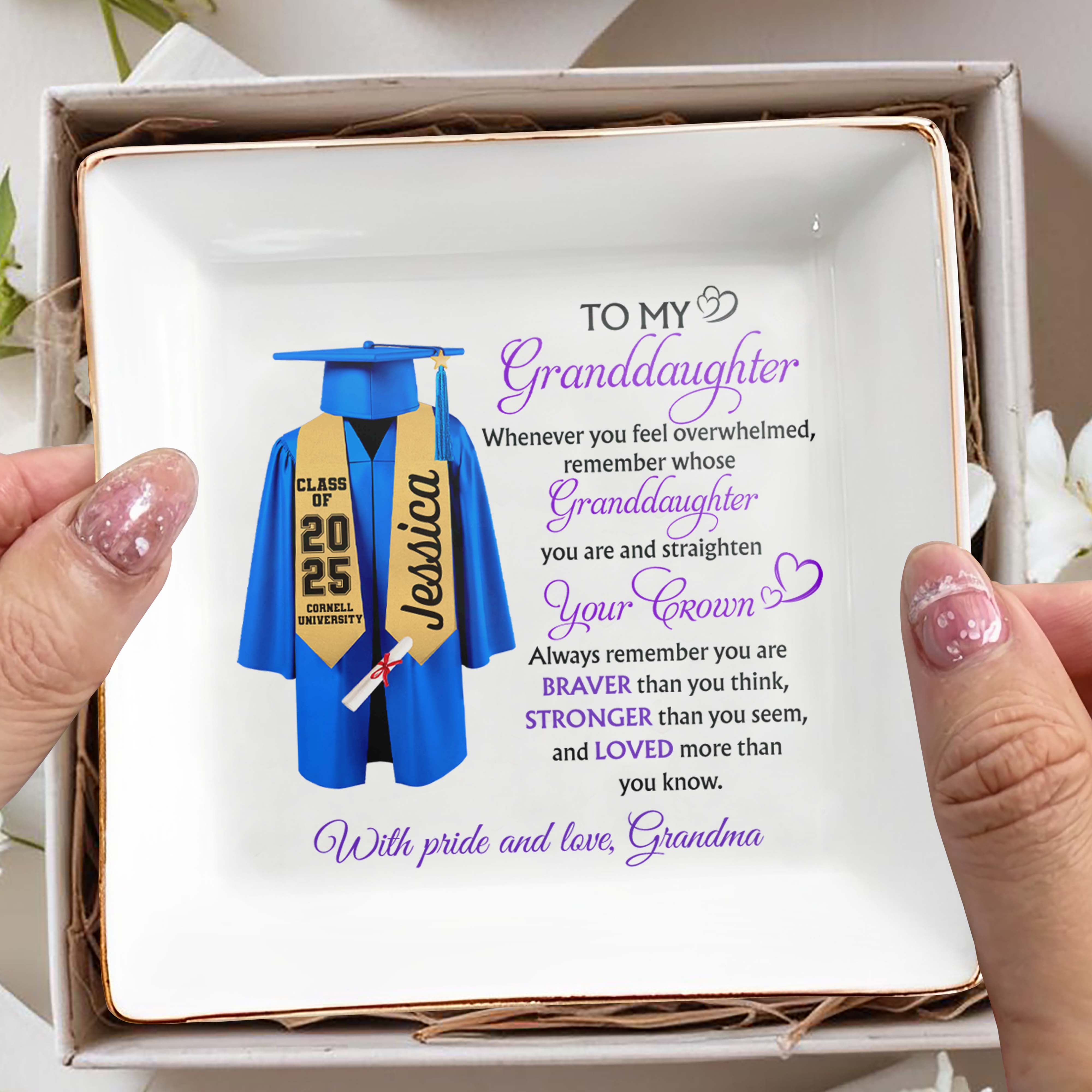 To My Granddaughter, Whenever You Feel Overwhelmed, Graduation Robe And Diploma - Personalized Custom Jewelry Dish, Square Ceramic Dish - GRAD317_SCRD