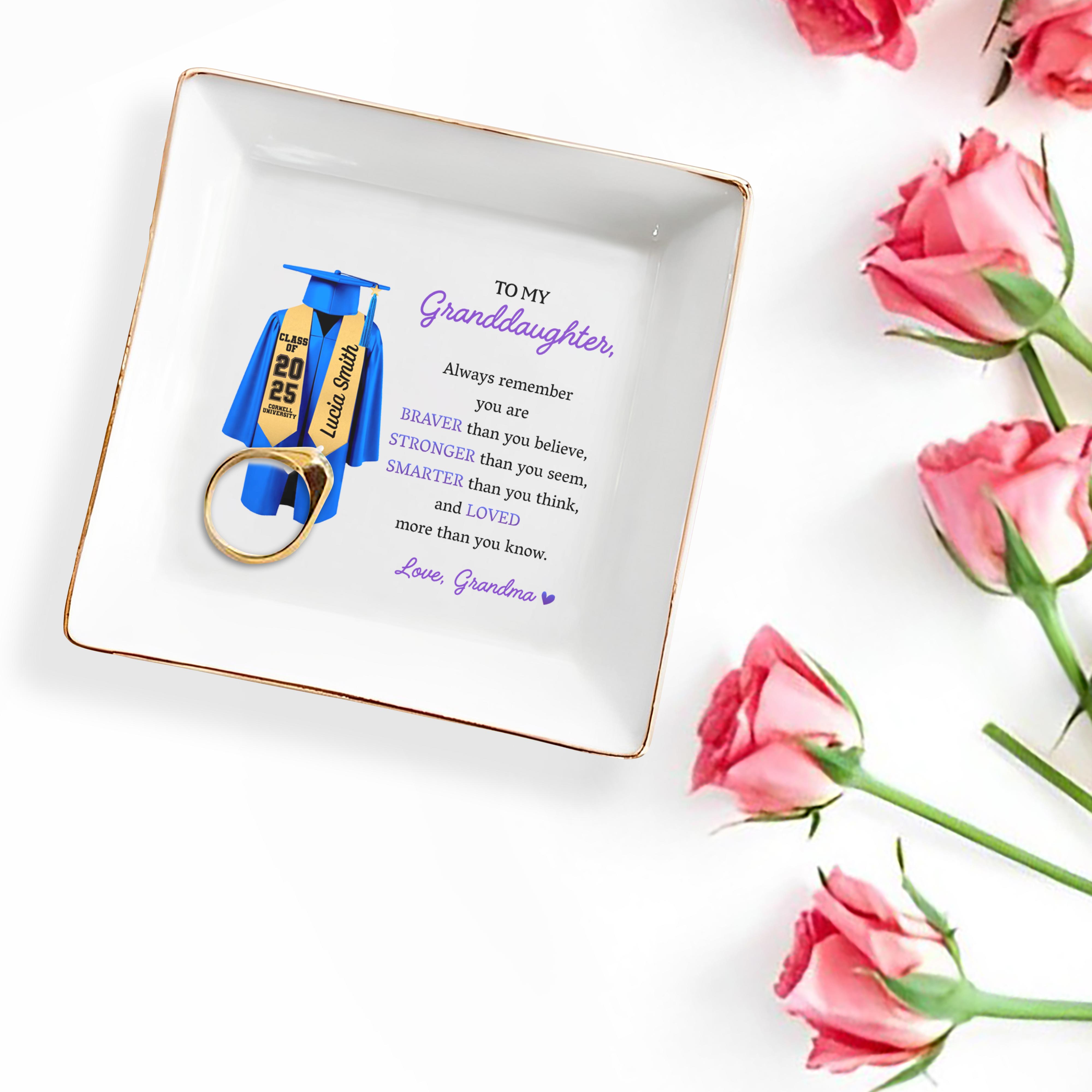 To My Granddaughter, Always Remember You Are Braver, Graduation Robe and Cap - Personalized Custom Jewelry Dish, Square Ceramic Dish - GRAD321_SCRD