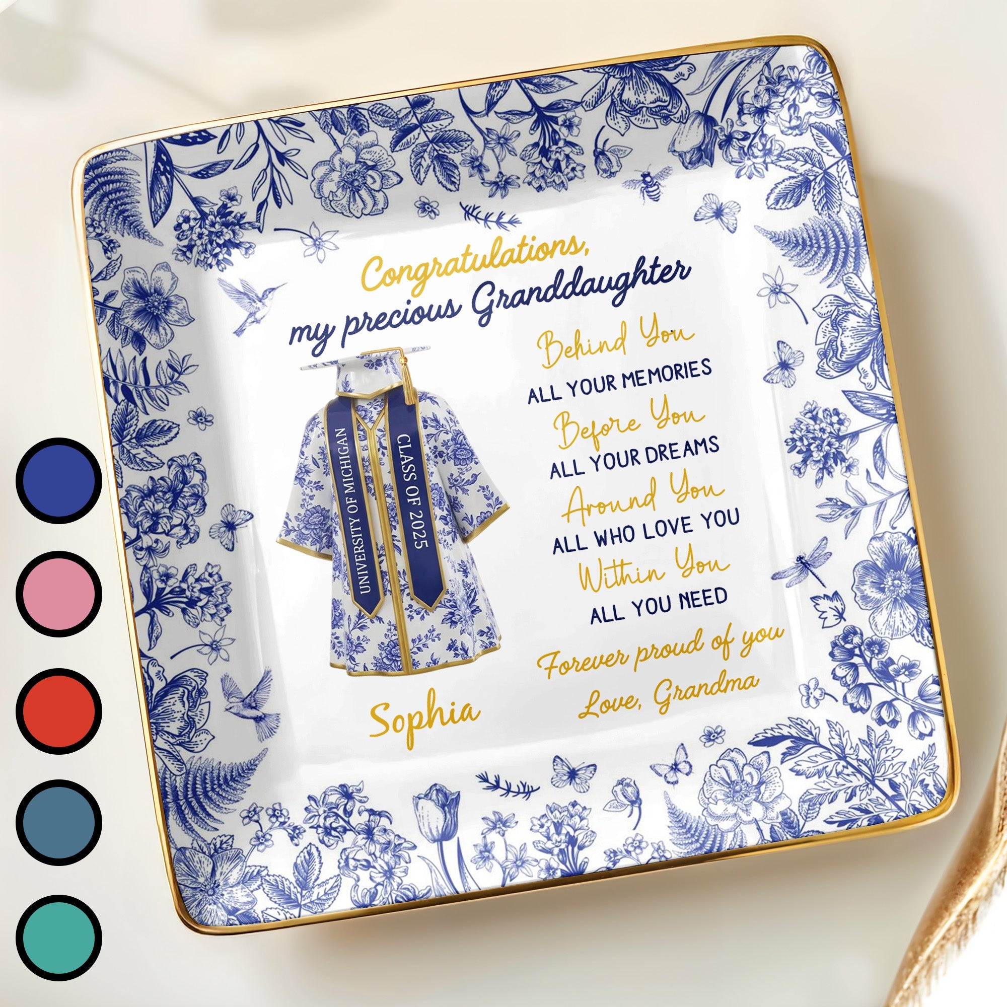 Congratulations My Precious Granddaughter, Flowers and Graduation Gown - Personalized Custom Jewelry Dish, Ceramic Dish, Square Shape - GRAD323_SCRF
