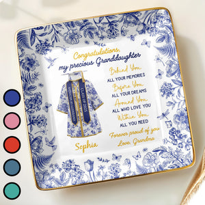 Congratulations My Precious Granddaughter, Flowers and Graduation Gown - Personalized Custom Jewelry Dish, Ceramic Dish, Square Shape - GRAD323_SCRF