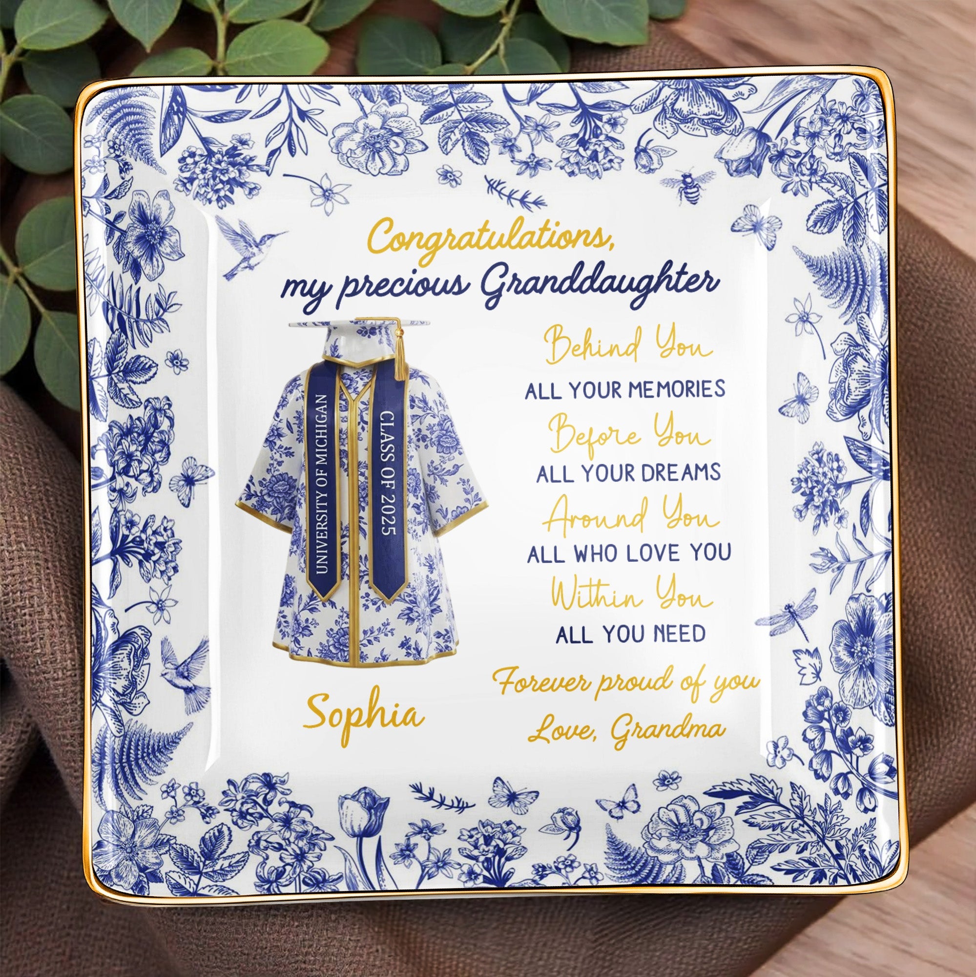 Congratulations My Precious Granddaughter, Flowers and Graduation Gown - Personalized Custom Jewelry Dish, Ceramic Dish, Square Shape - GRAD323_SCRF