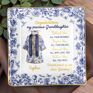 Congratulations My Precious Granddaughter, Flowers and Graduation Gown - Personalized Custom Jewelry Dish, Ceramic Dish, Square Shape - GRAD323_SCRF