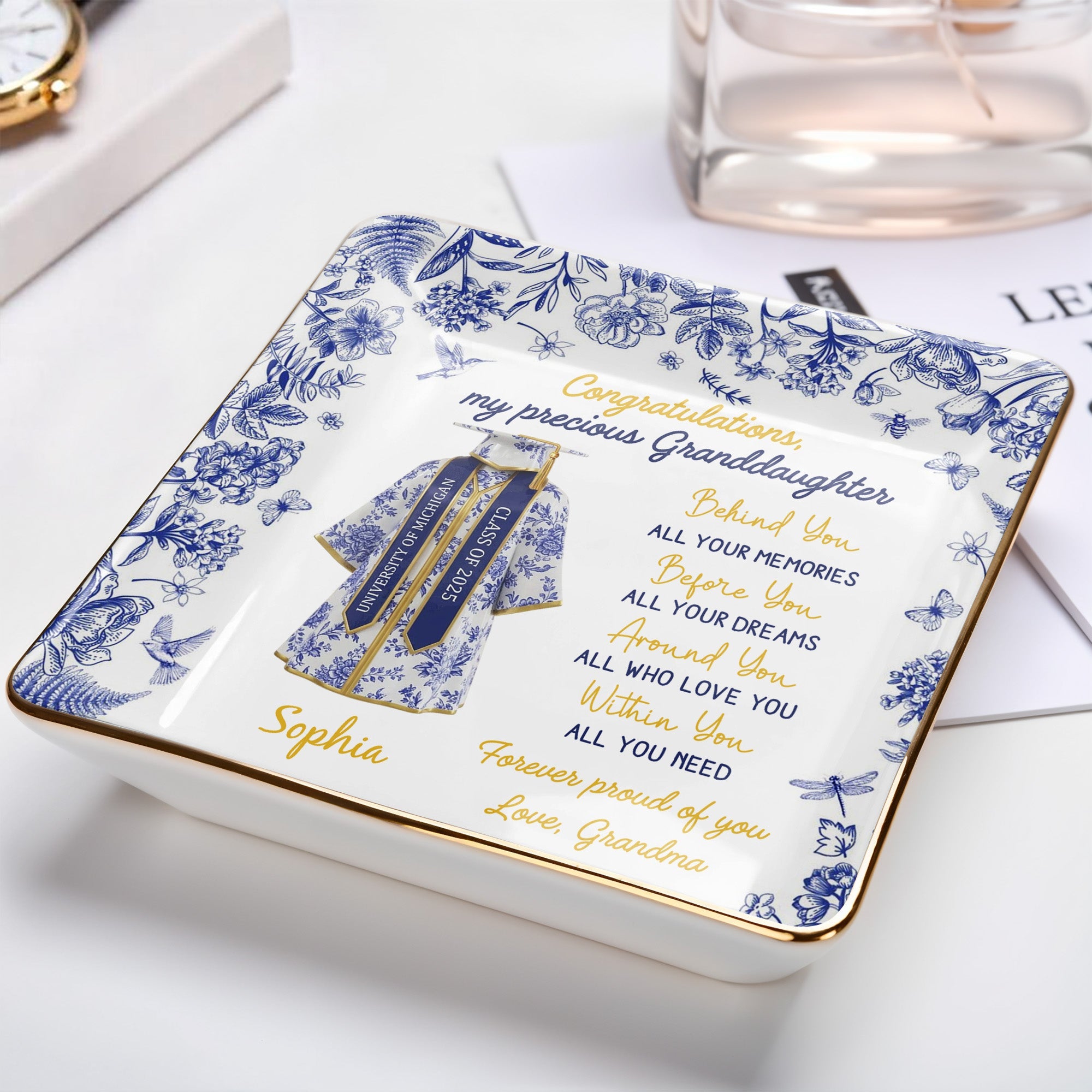 Congratulations My Precious Granddaughter, Flowers and Graduation Gown - Personalized Custom Jewelry Dish, Ceramic Dish, Square Shape - GRAD323_SCRF