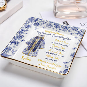 Congratulations My Precious Granddaughter, Flowers and Graduation Gown - Personalized Custom Jewelry Dish, Ceramic Dish, Square Shape - GRAD323_SCRF