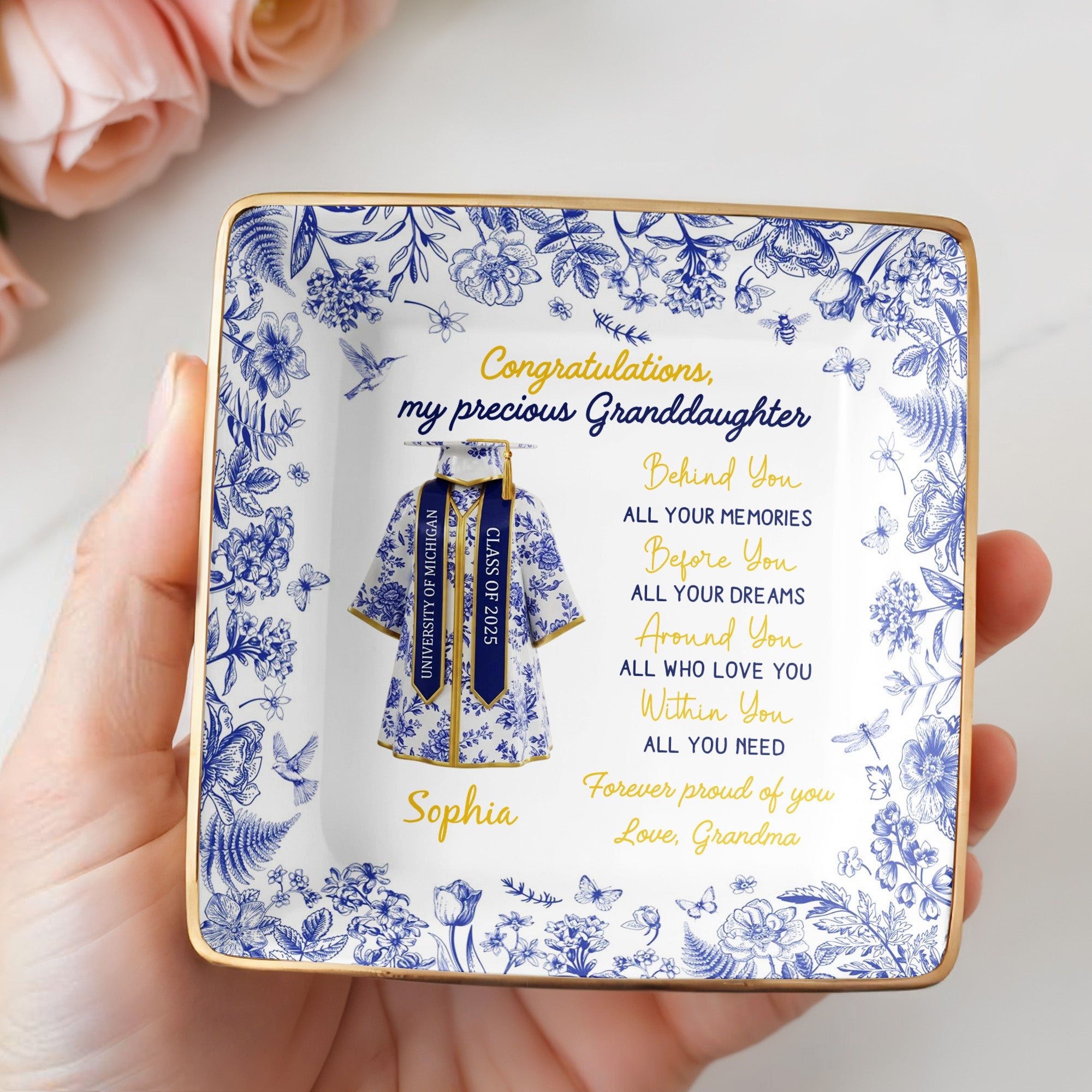 Congratulations My Precious Granddaughter, Flowers and Graduation Gown - Personalized Custom Jewelry Dish, Ceramic Dish, Square Shape - GRAD323_SCRF