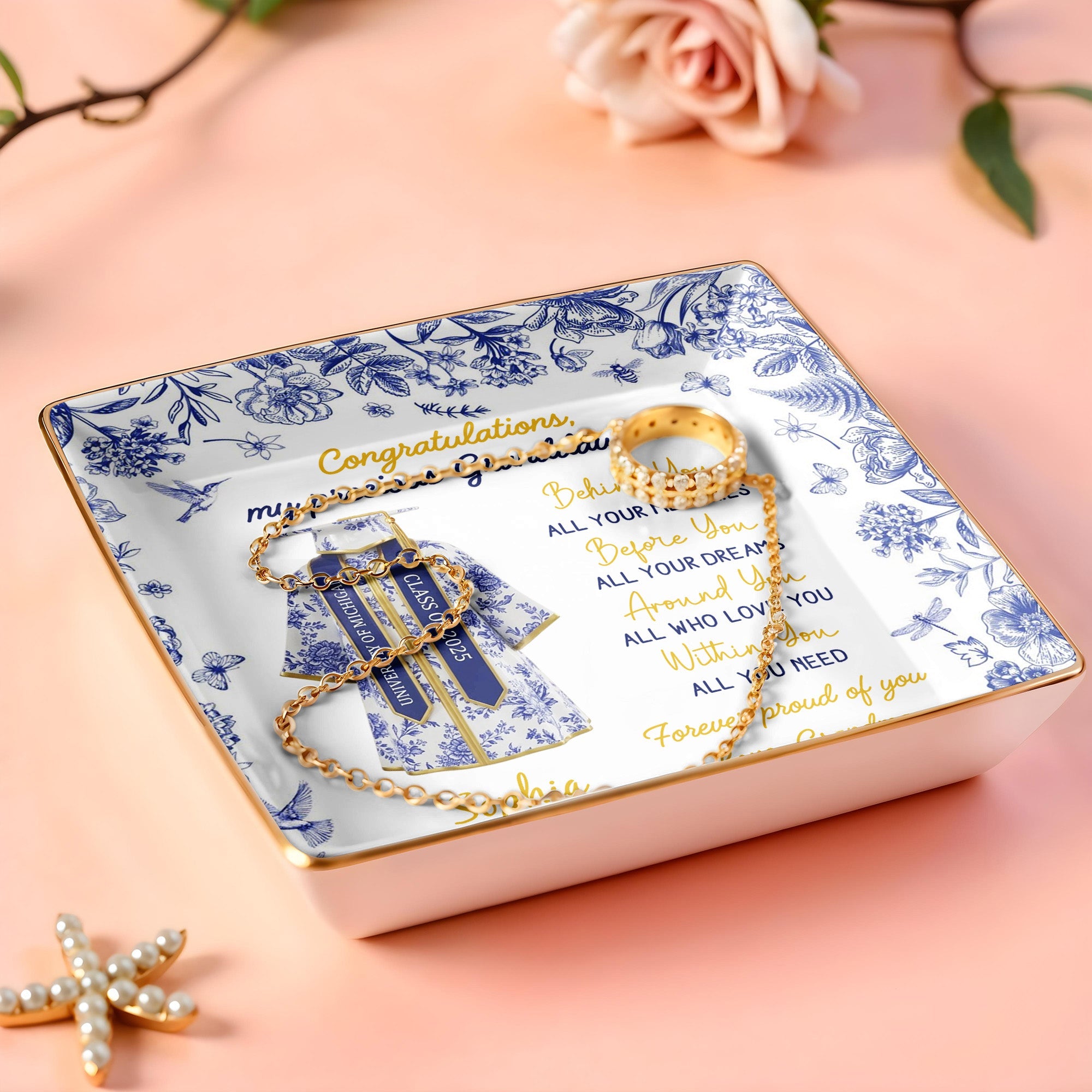 Congratulations My Precious Granddaughter, Flowers and Graduation Gown - Personalized Custom Jewelry Dish, Ceramic Dish, Square Shape - GRAD323_SCRF