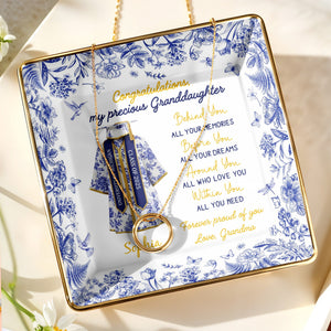 Congratulations My Precious Granddaughter, Flowers and Graduation Gown - Personalized Custom Jewelry Dish, Ceramic Dish, Square Shape - GRAD323_SCRF