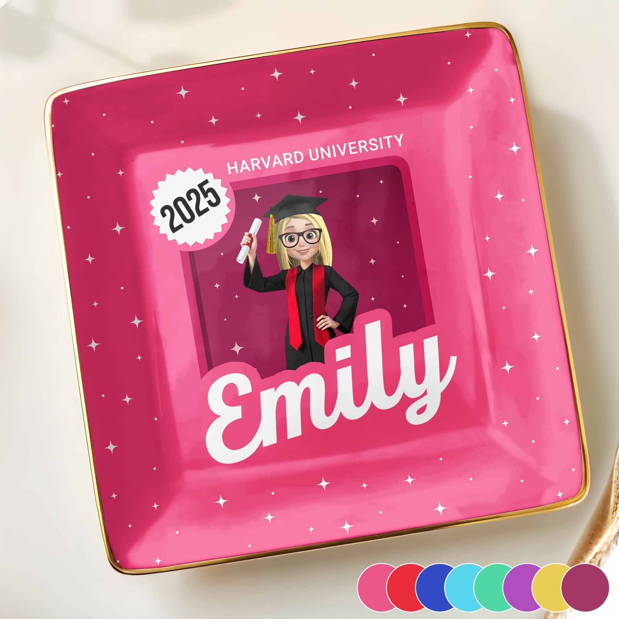 Celebrate Your Academic Achievements, Graduation Cap And Diploma - Personalized Custom Jewelry Dish, Ceramic Dish, Square Shape - GRAD332_SCRF