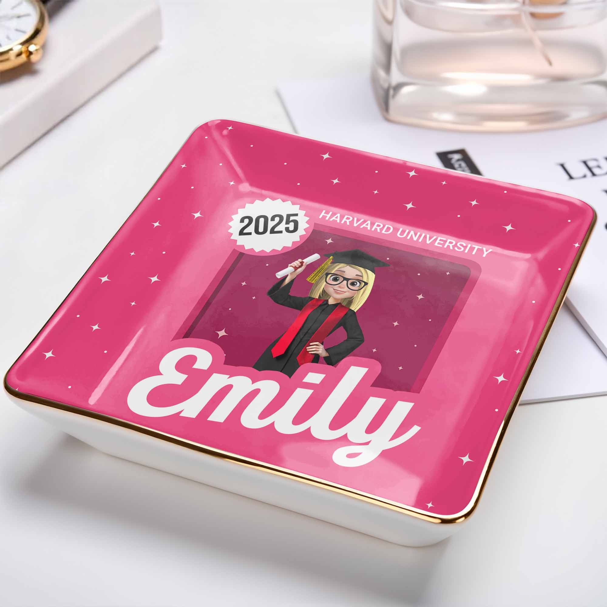 Celebrate Your Academic Achievements, Graduation Cap And Diploma - Personalized Custom Jewelry Dish, Ceramic Dish, Square Shape - GRAD332_SCRF