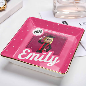 Celebrate Your Academic Achievements, Graduation Cap And Diploma - Personalized Custom Jewelry Dish, Ceramic Dish, Square Shape - GRAD332_SCRF